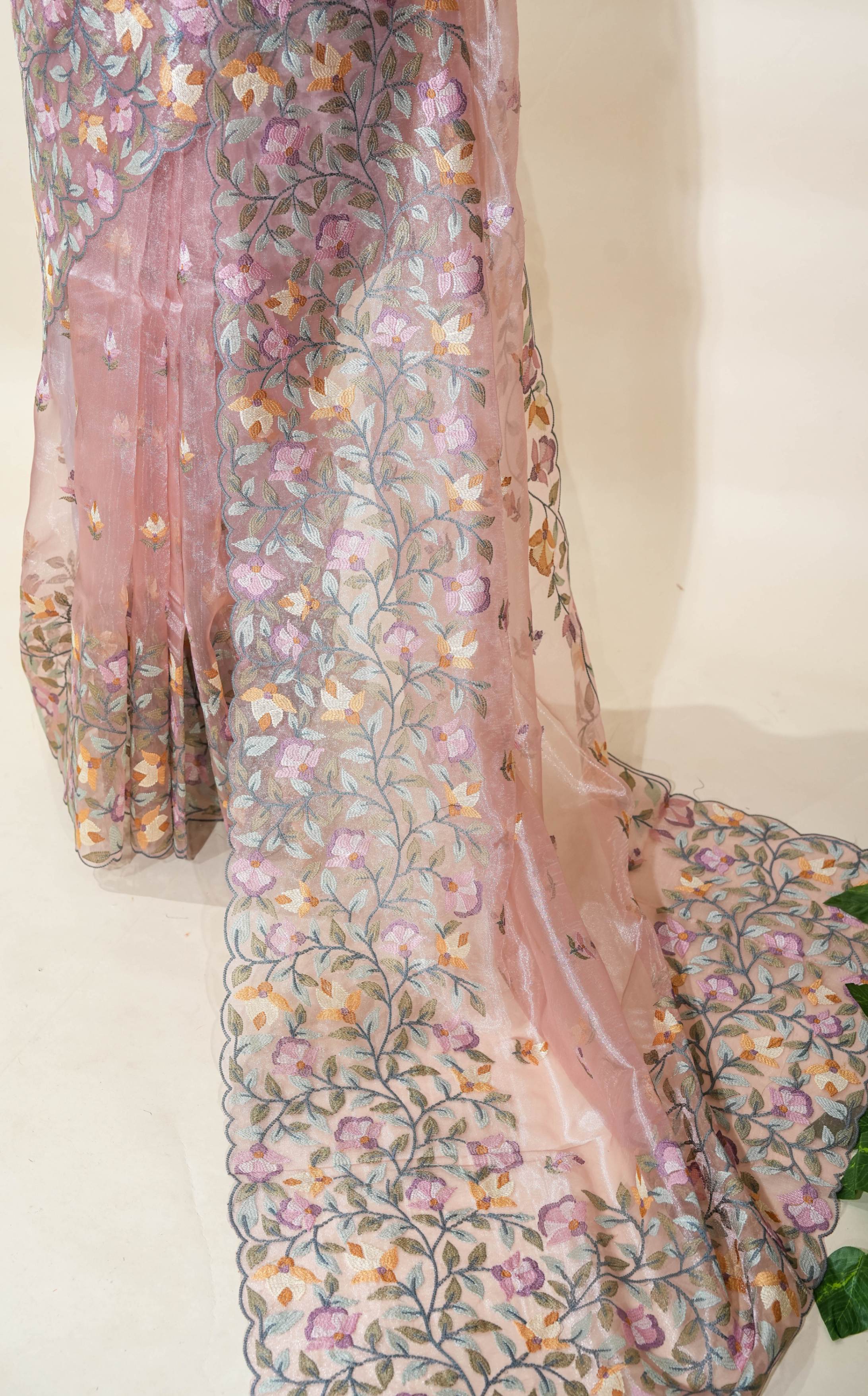 Pink Embroidery Organza Saree