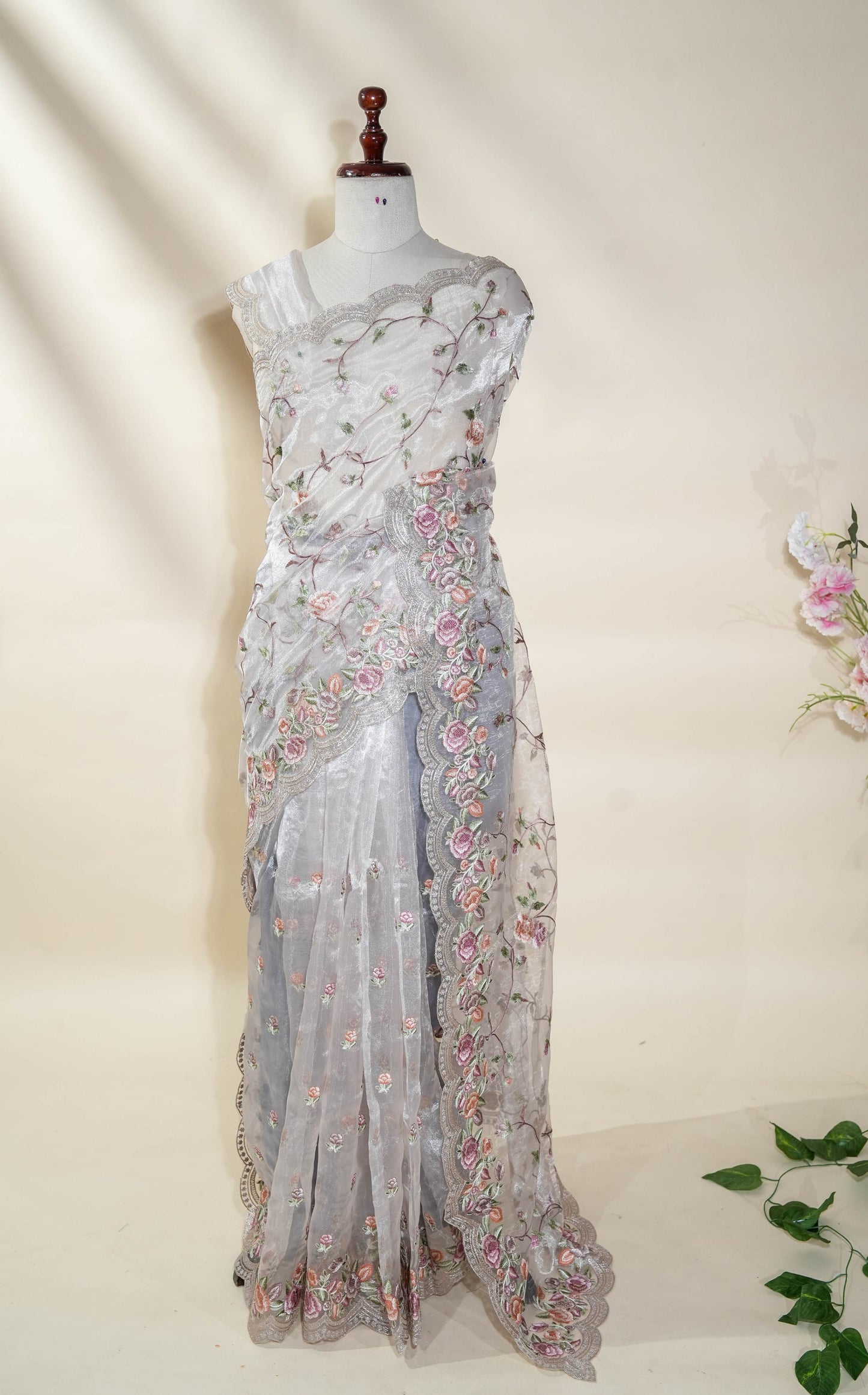 Silver Embroidery Tissue Saree