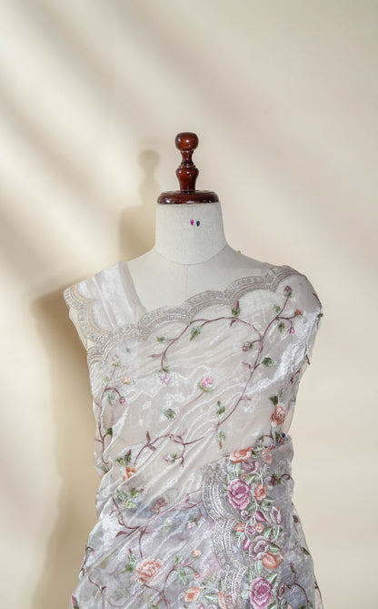 Silver Embroidery Tissue Saree