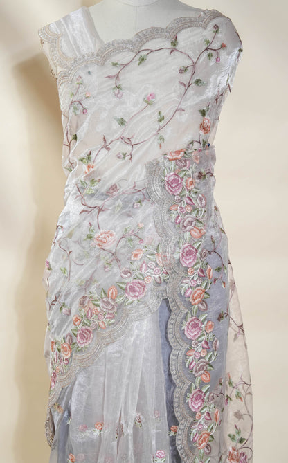 Silver Embroidery Tissue Saree
