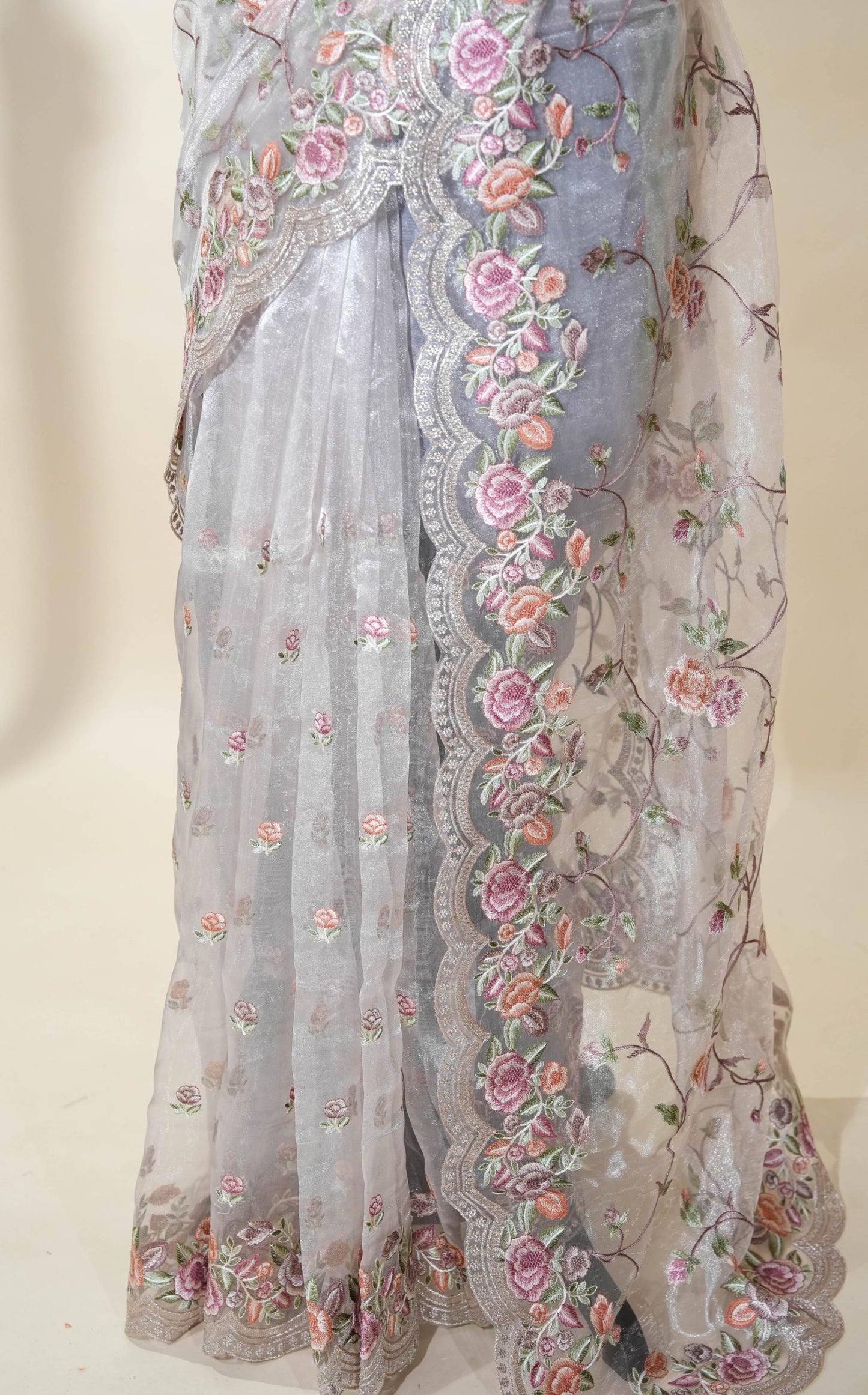 Silver Embroidery Tissue Saree