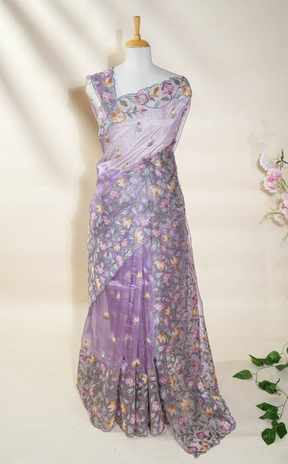 Purple Embroidery Organza Saree