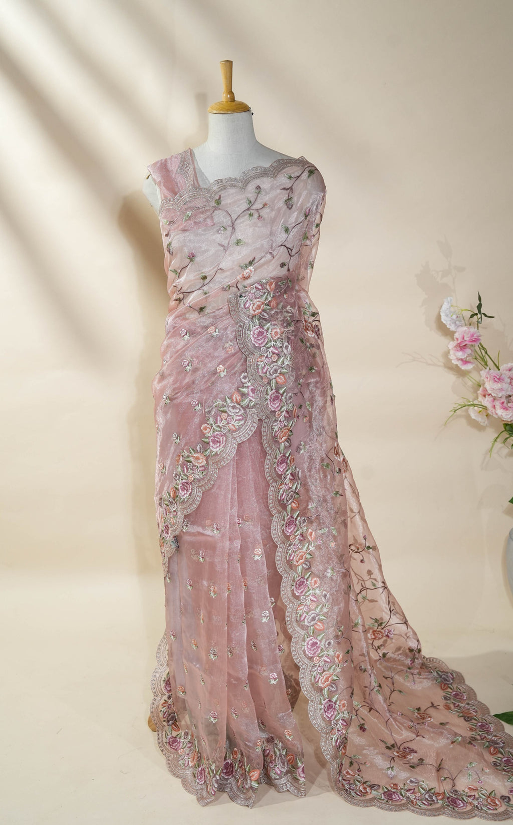 Pastel Embroidery Tissue Saree