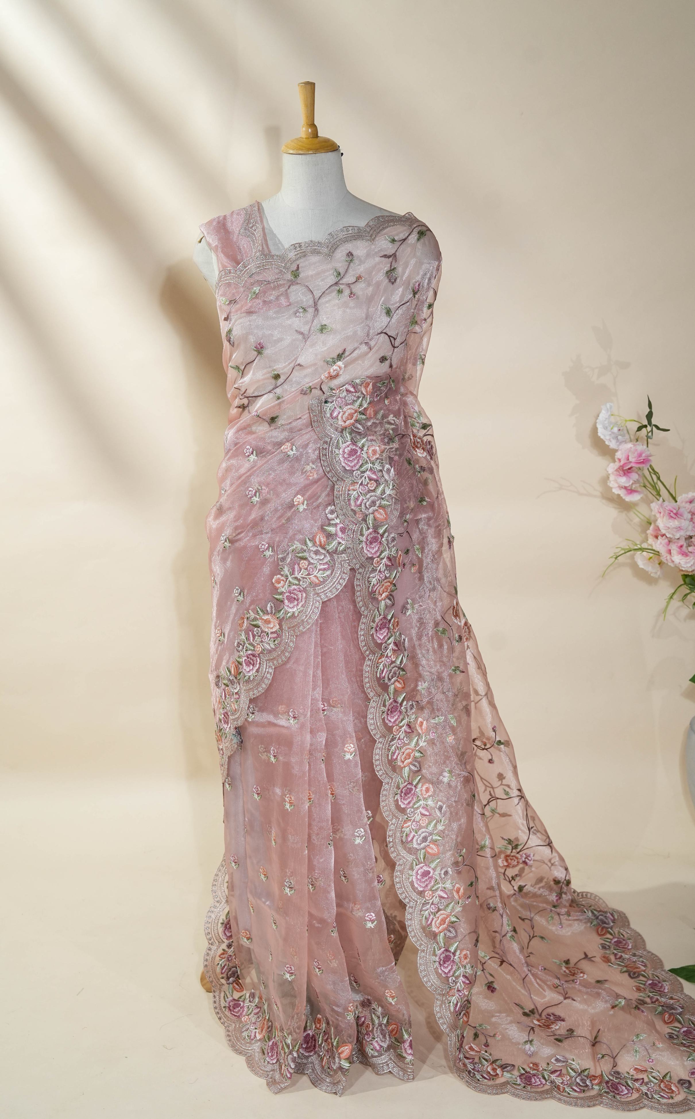 Pastel Embroidery Tissue Saree