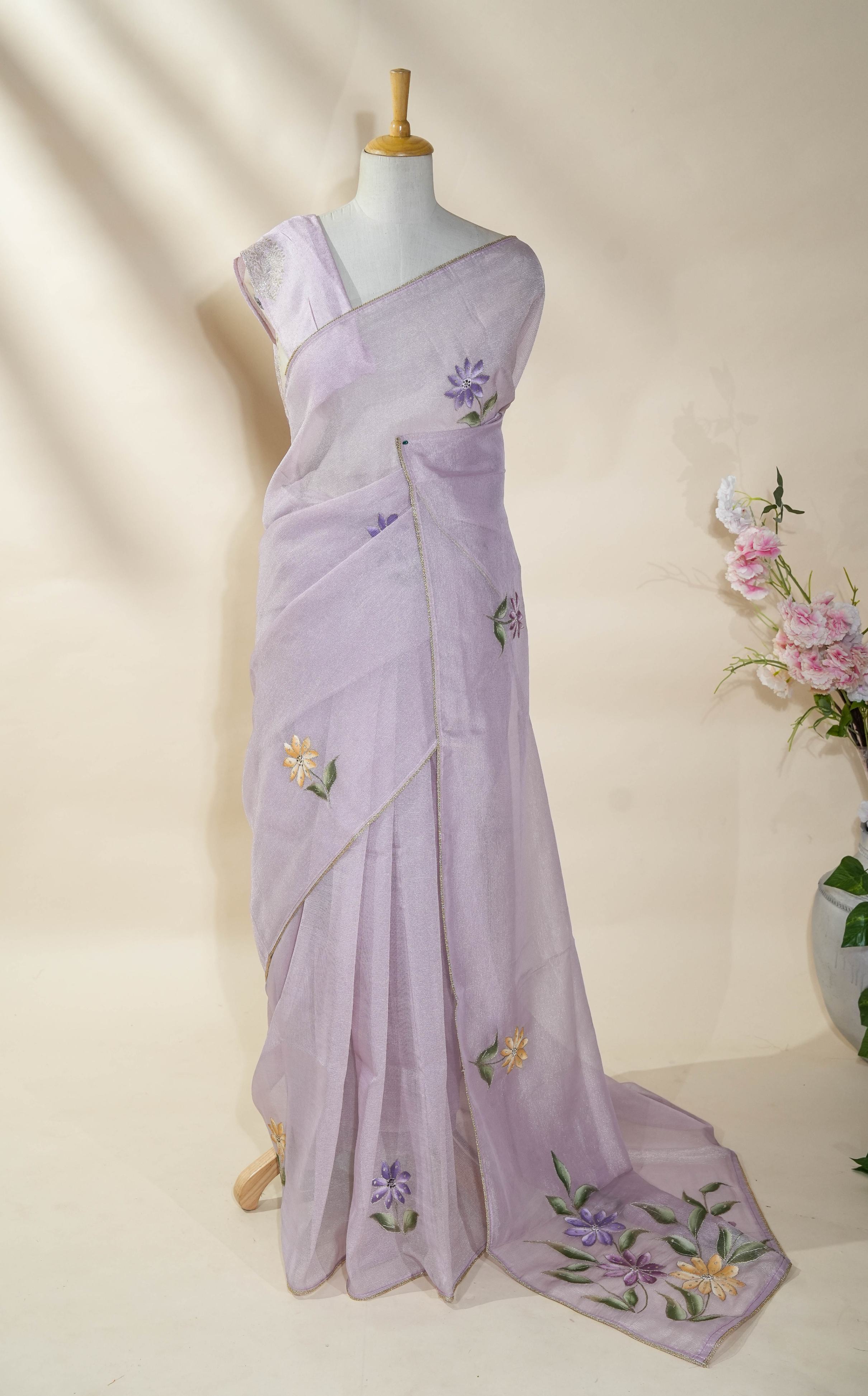 Purple Printed Embroidery Tissue Saree