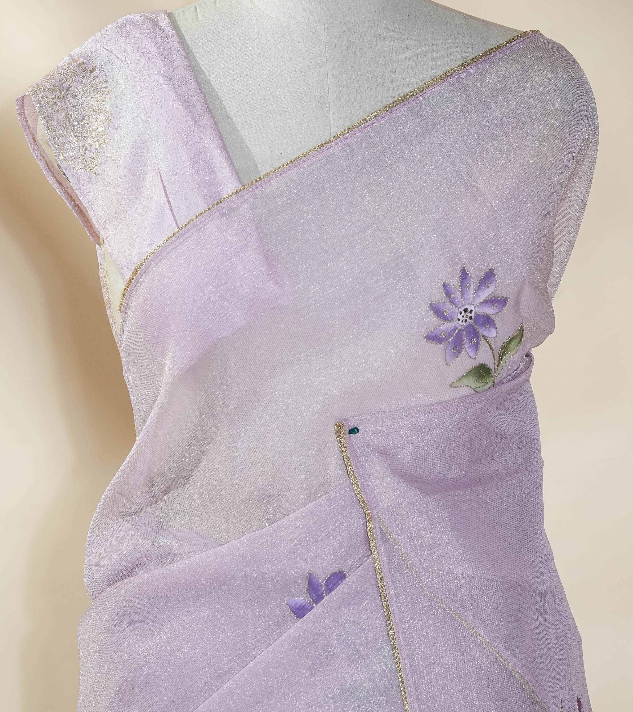 Purple Printed Embroidery Tissue Saree