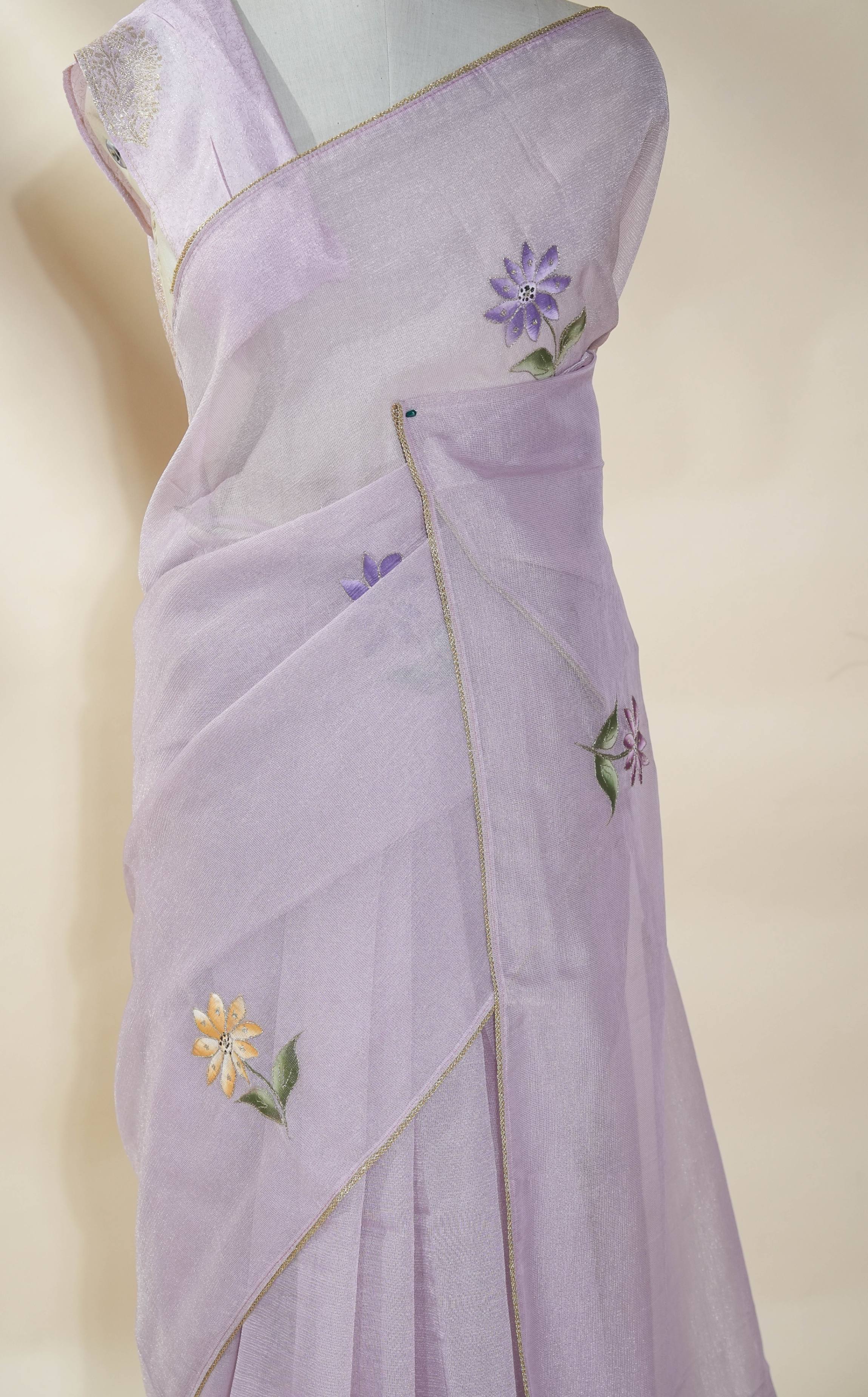 Purple Printed Embroidery Tissue Saree