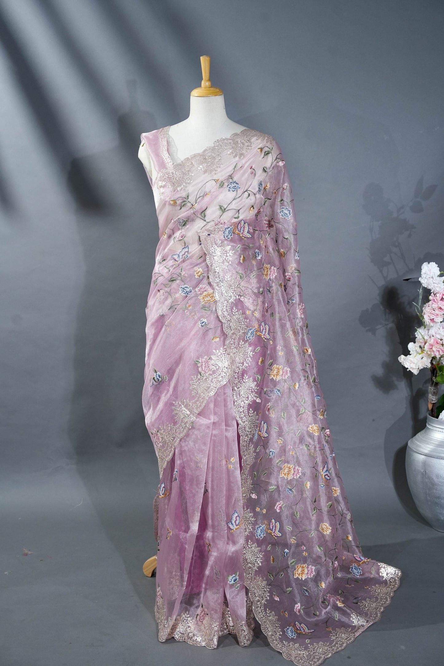 Pink Embroidery Tissue Saree