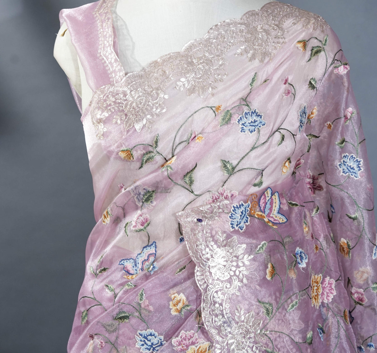 Pink Embroidery Tissue Saree