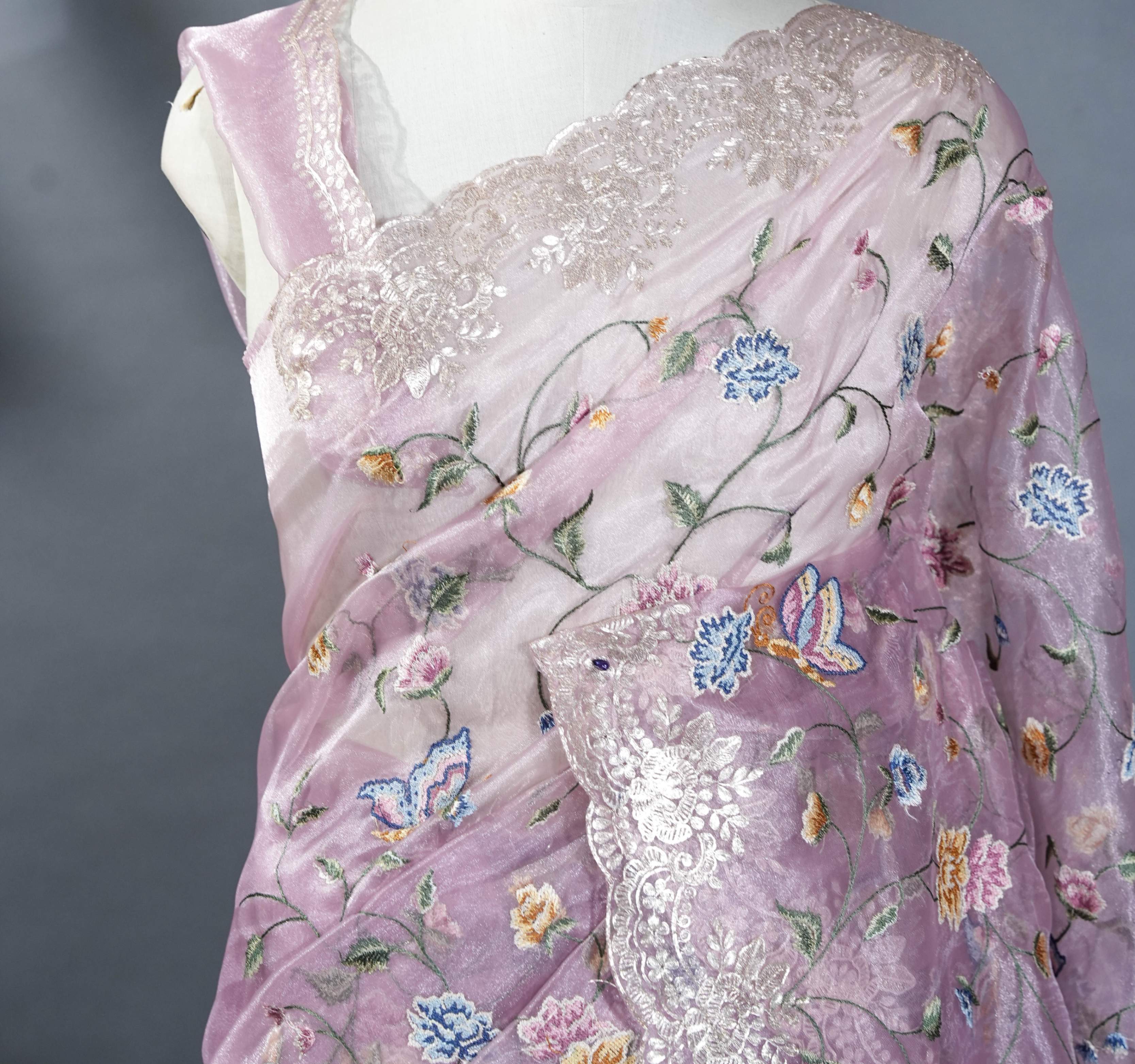 Pink Embroidery Tissue Saree