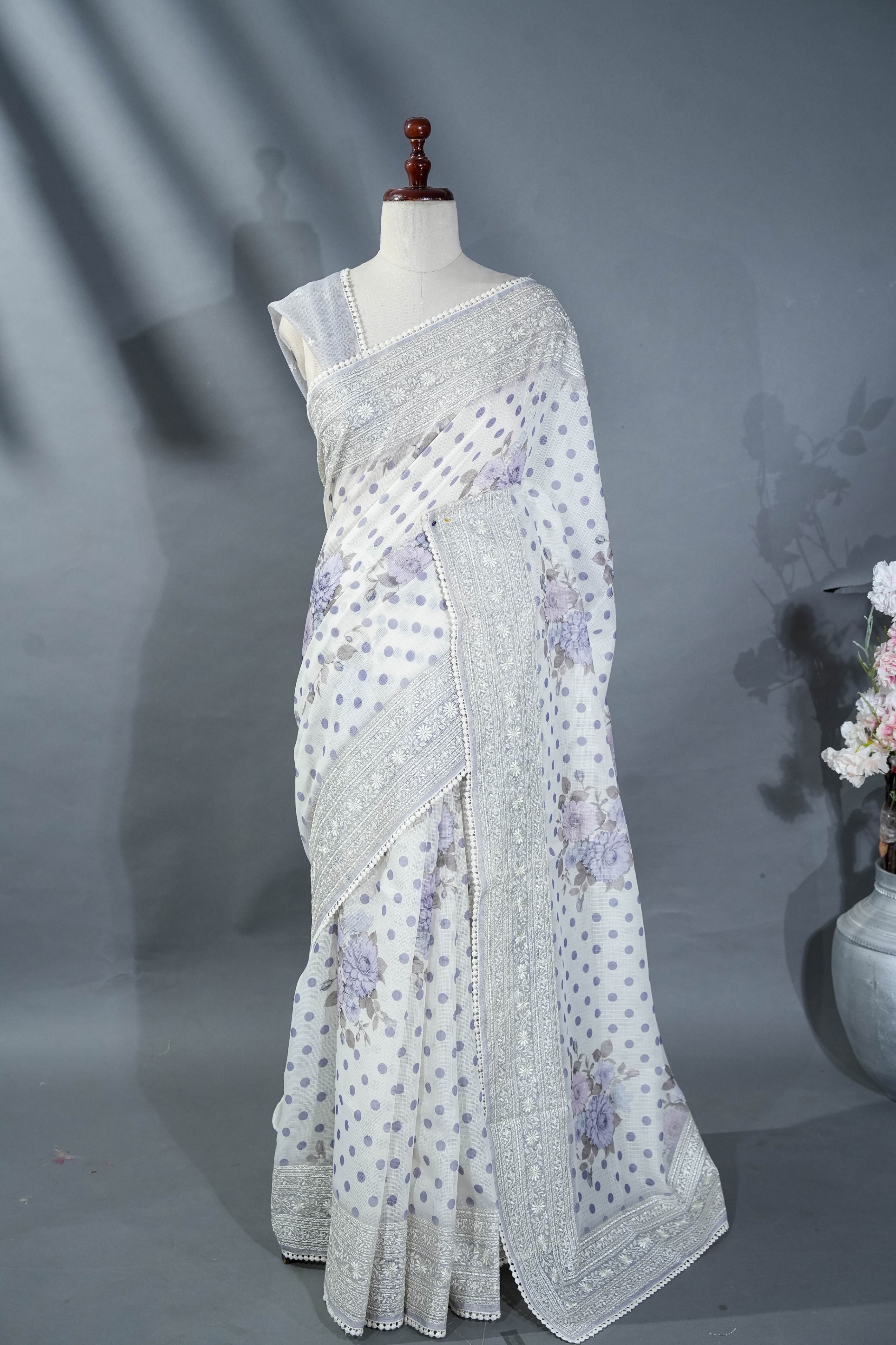 Off White Printed Embroidery Silk Kota Saree
