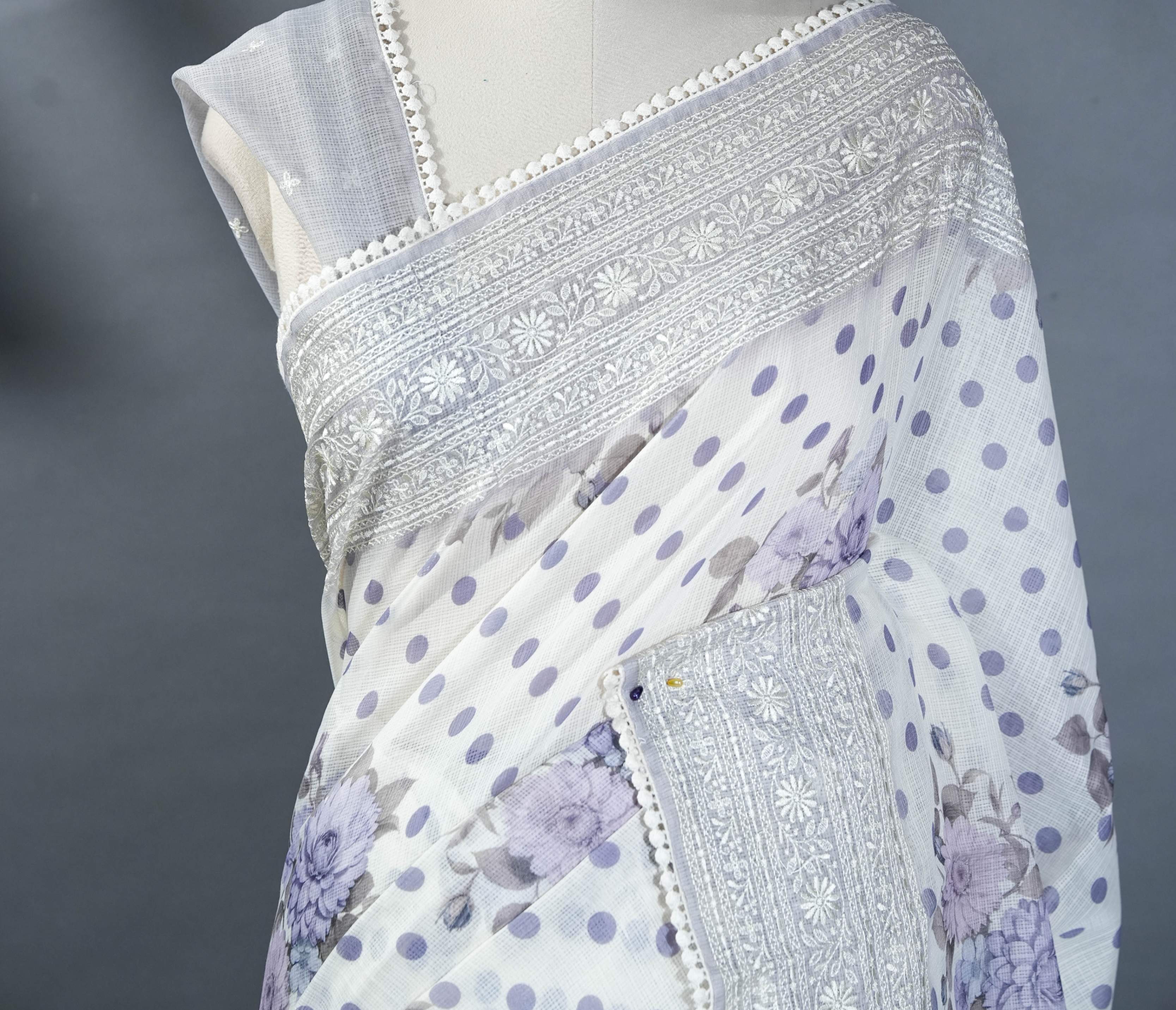 Off White Printed Embroidery Silk Kota Saree