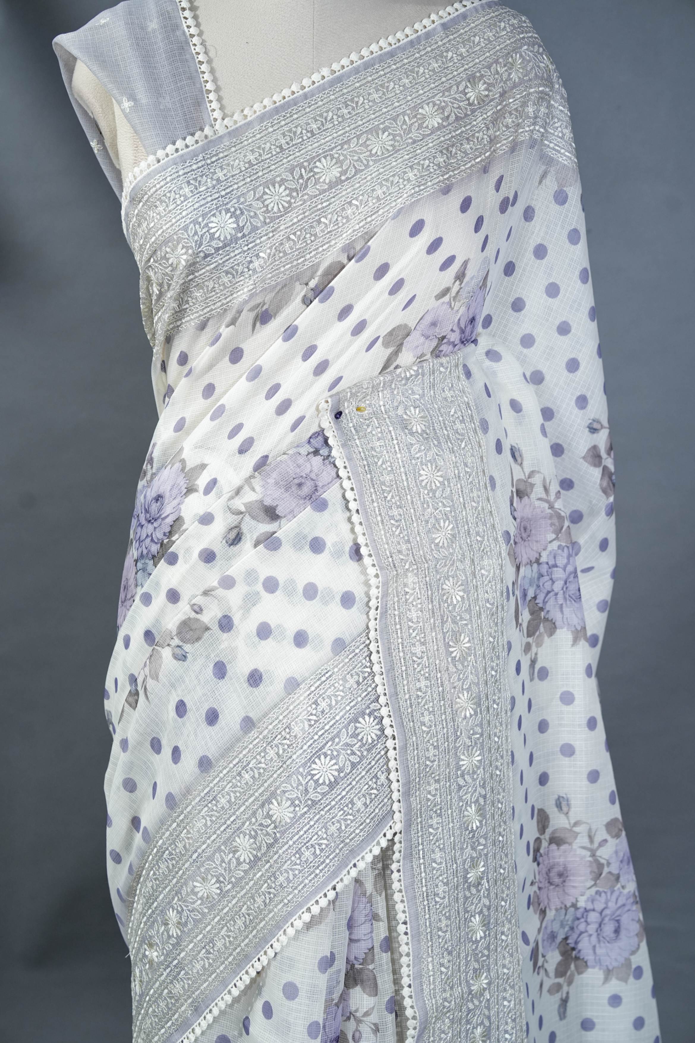 Off White Printed Embroidery Silk Kota Saree