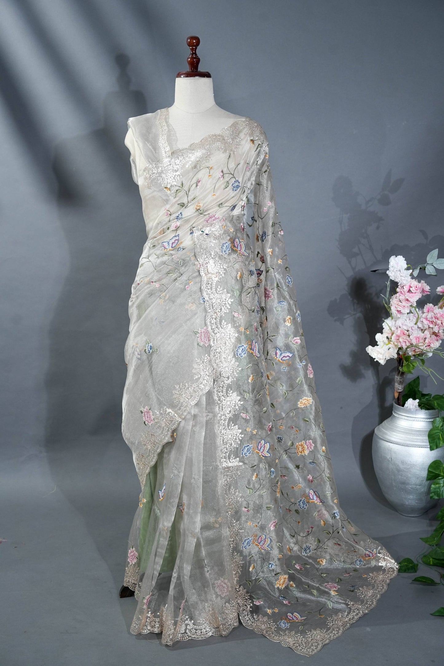 Silver Embroidery Tissue Saree