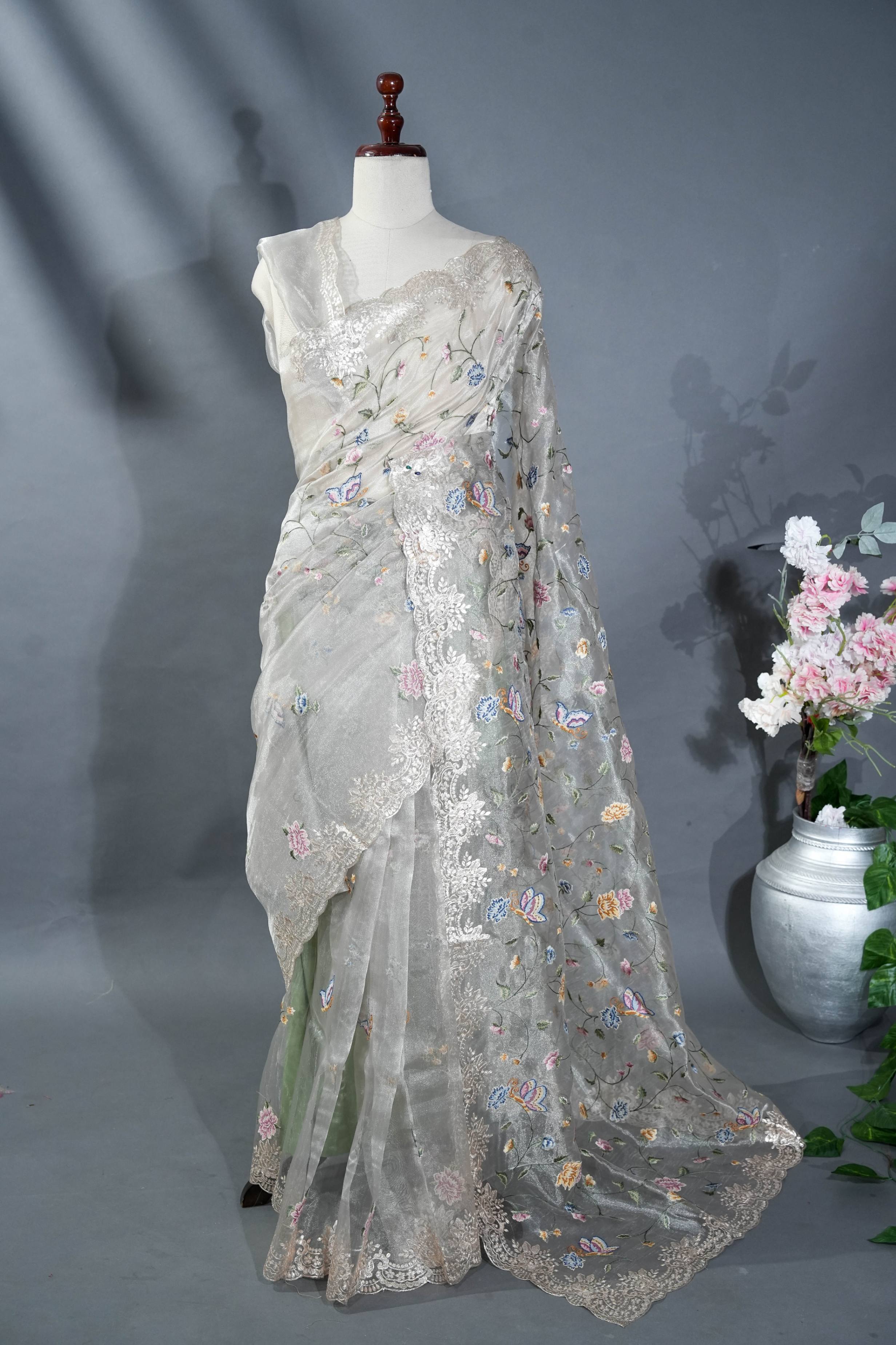 Silver Embroidery Tissue Saree