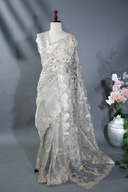 Silver Embroidery Tissue Saree
