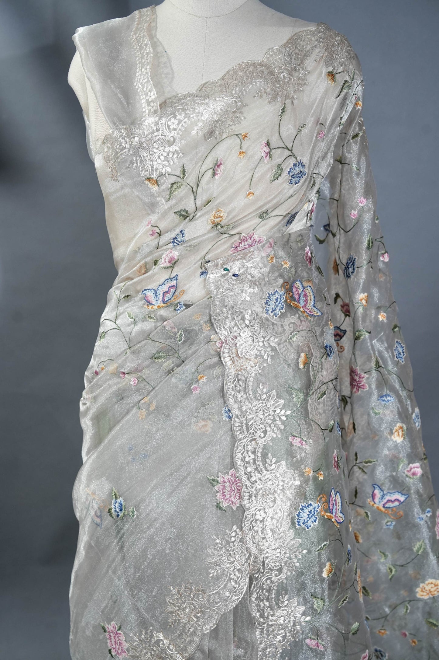 Silver Embroidery Tissue Saree