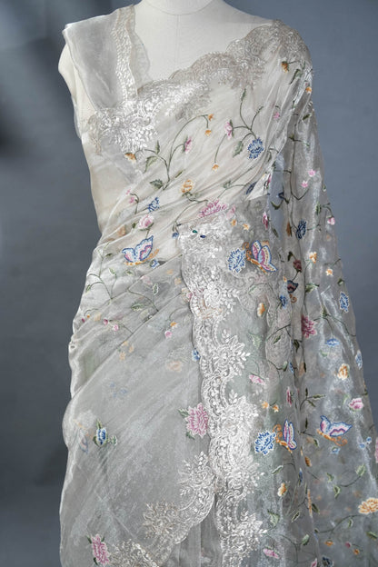 Silver Embroidery Tissue Saree