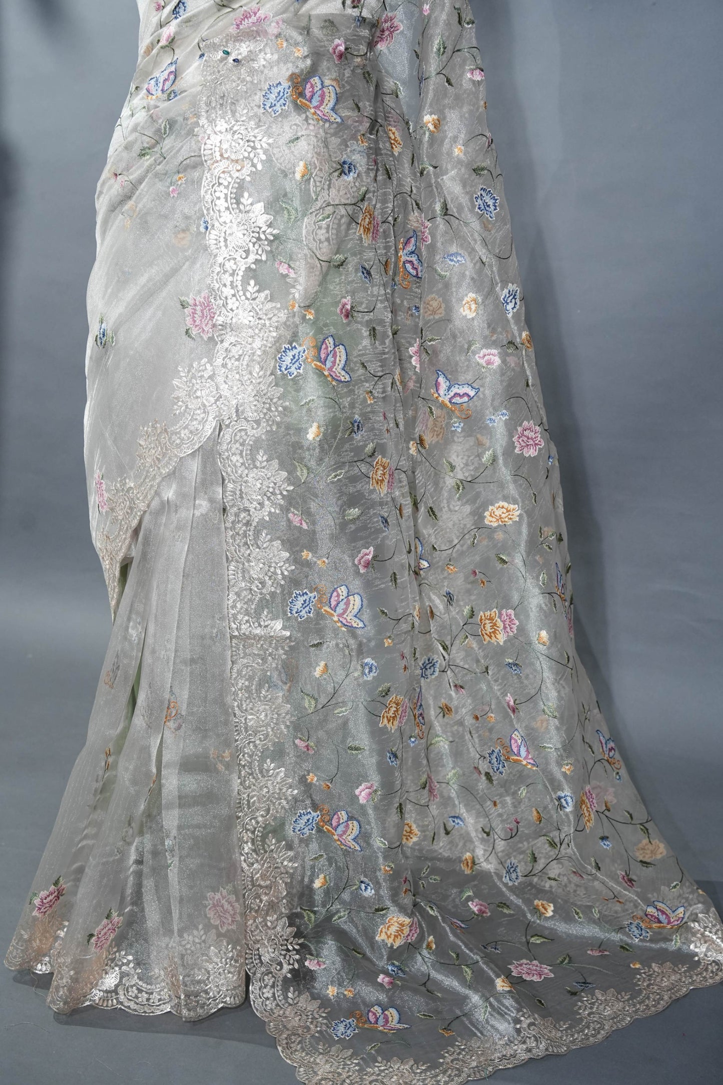 Silver Embroidery Tissue Saree