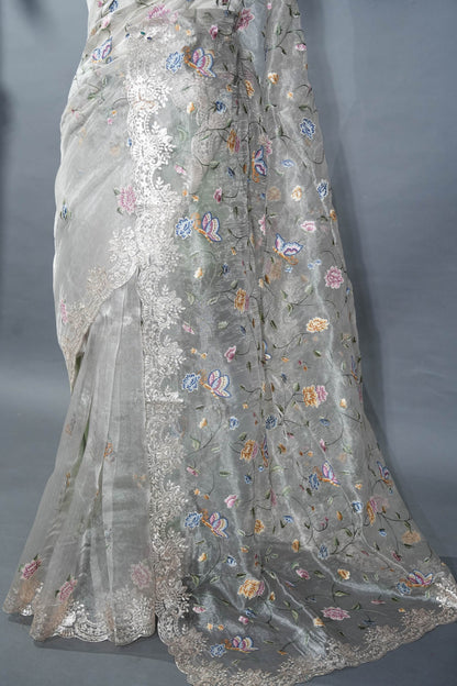 Silver Embroidery Tissue Saree