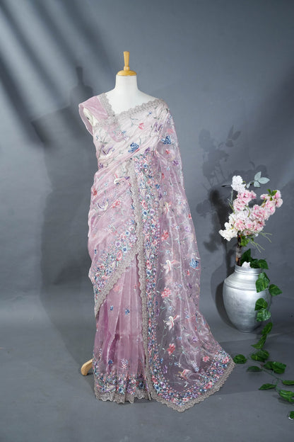 Pink Embroidery Tissue Saree