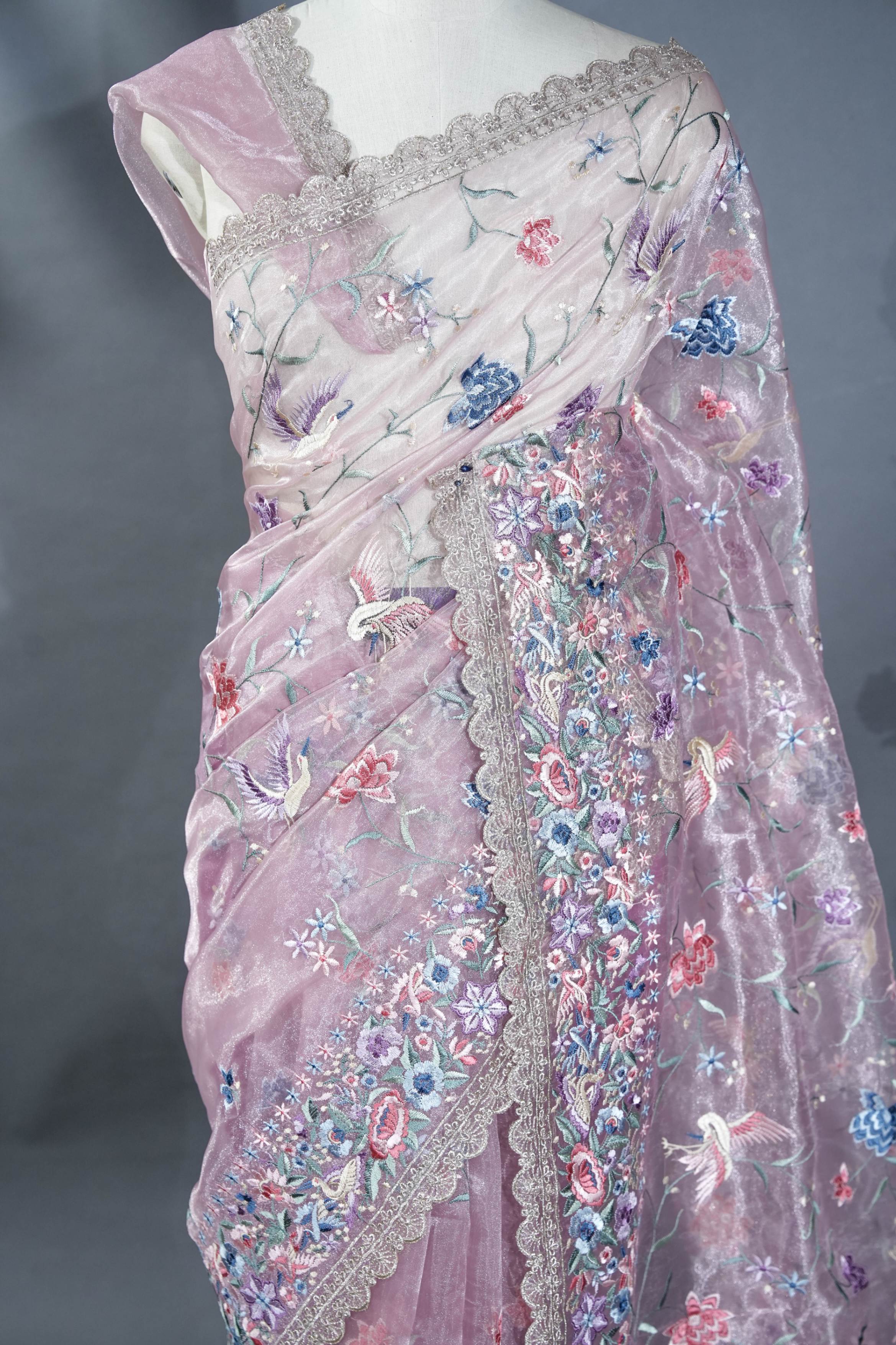 Pink Embroidery Tissue Saree