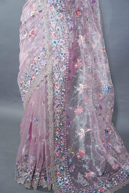 Pink Embroidery Tissue Saree