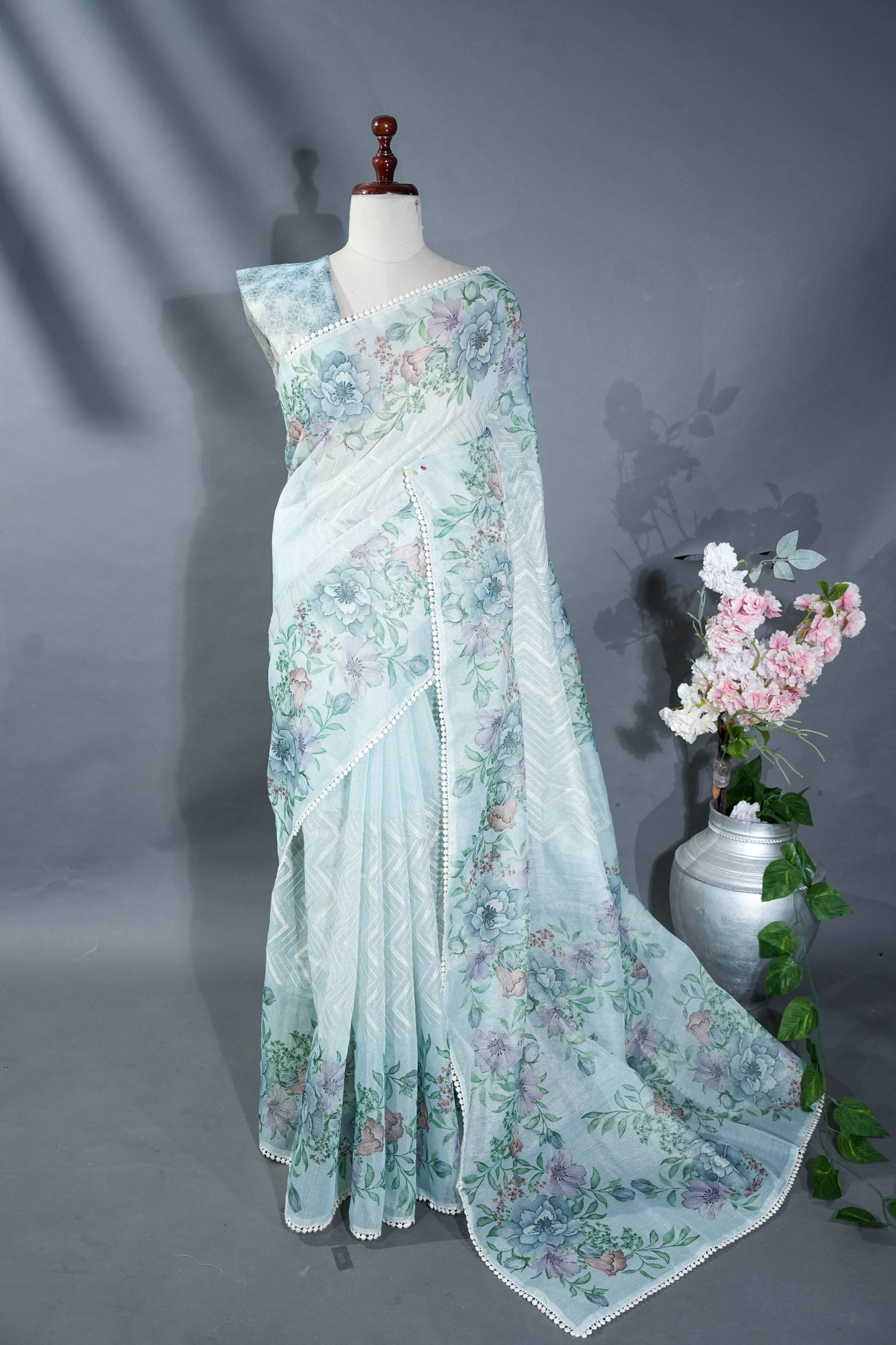 Ferozi Printed Embroidery Tissue Saree