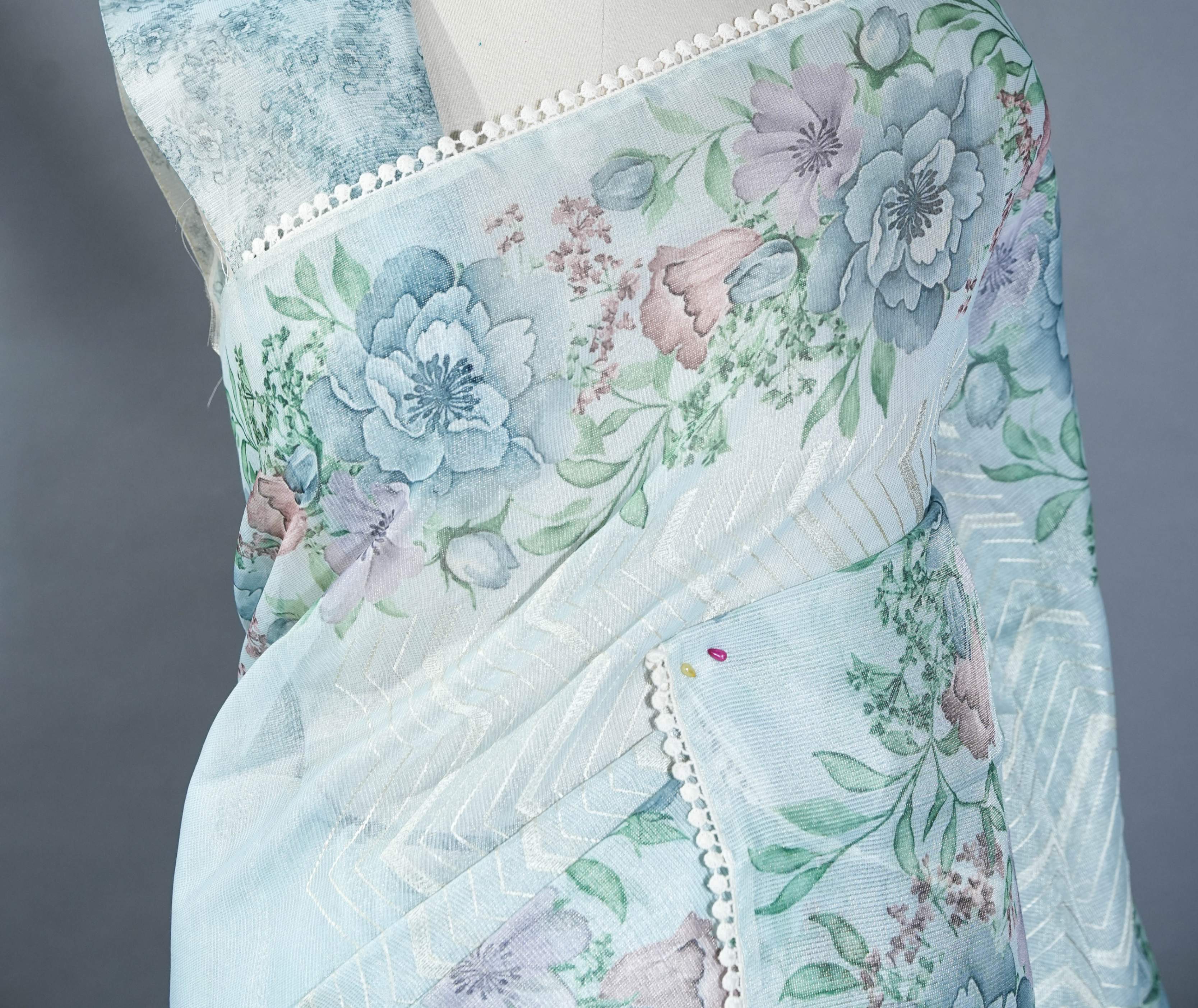 Ferozi Printed Embroidery Tissue Saree