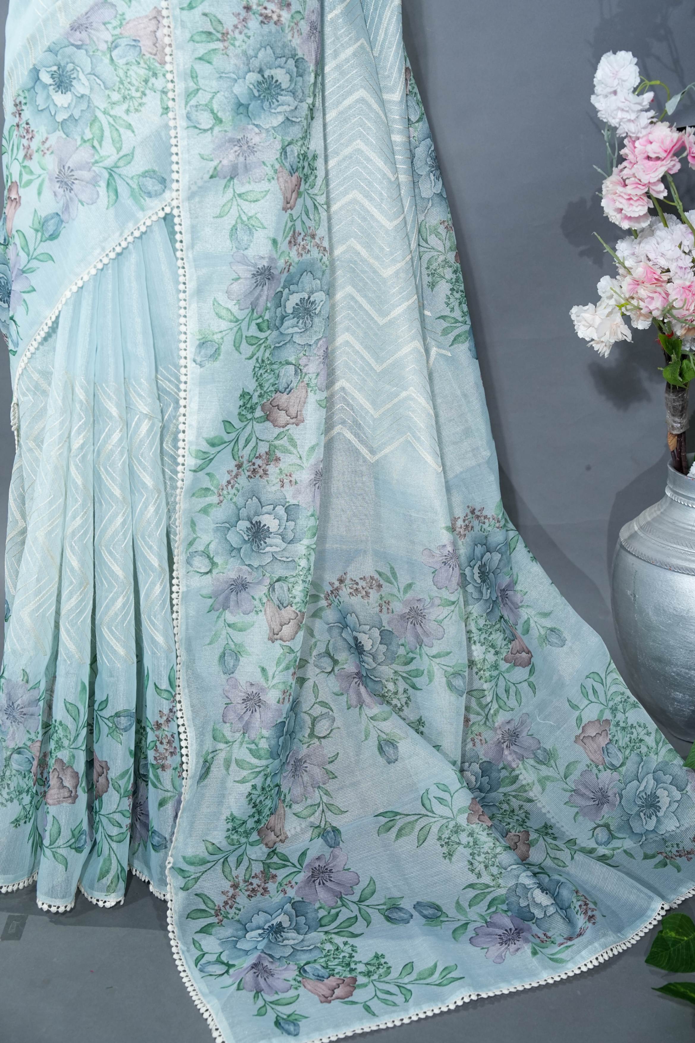Ferozi Printed Embroidery Tissue Saree