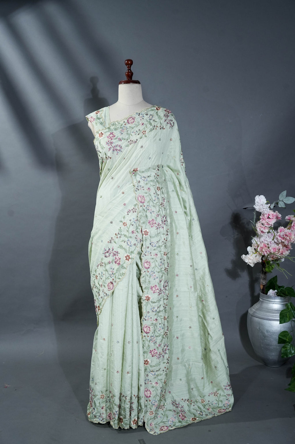Pastel Embroidery Tussar Saree