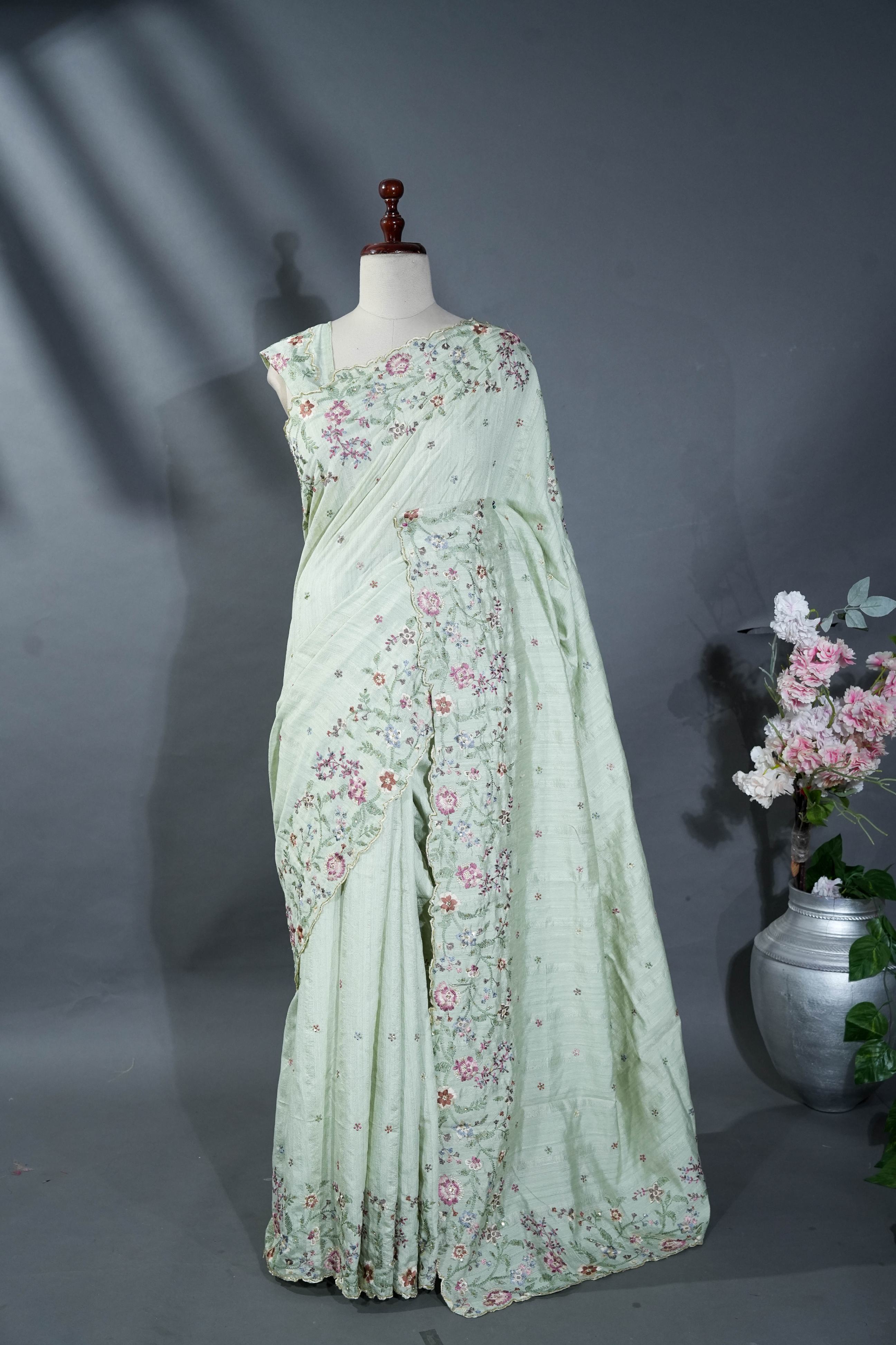 Pastel Embroidery Tussar Saree