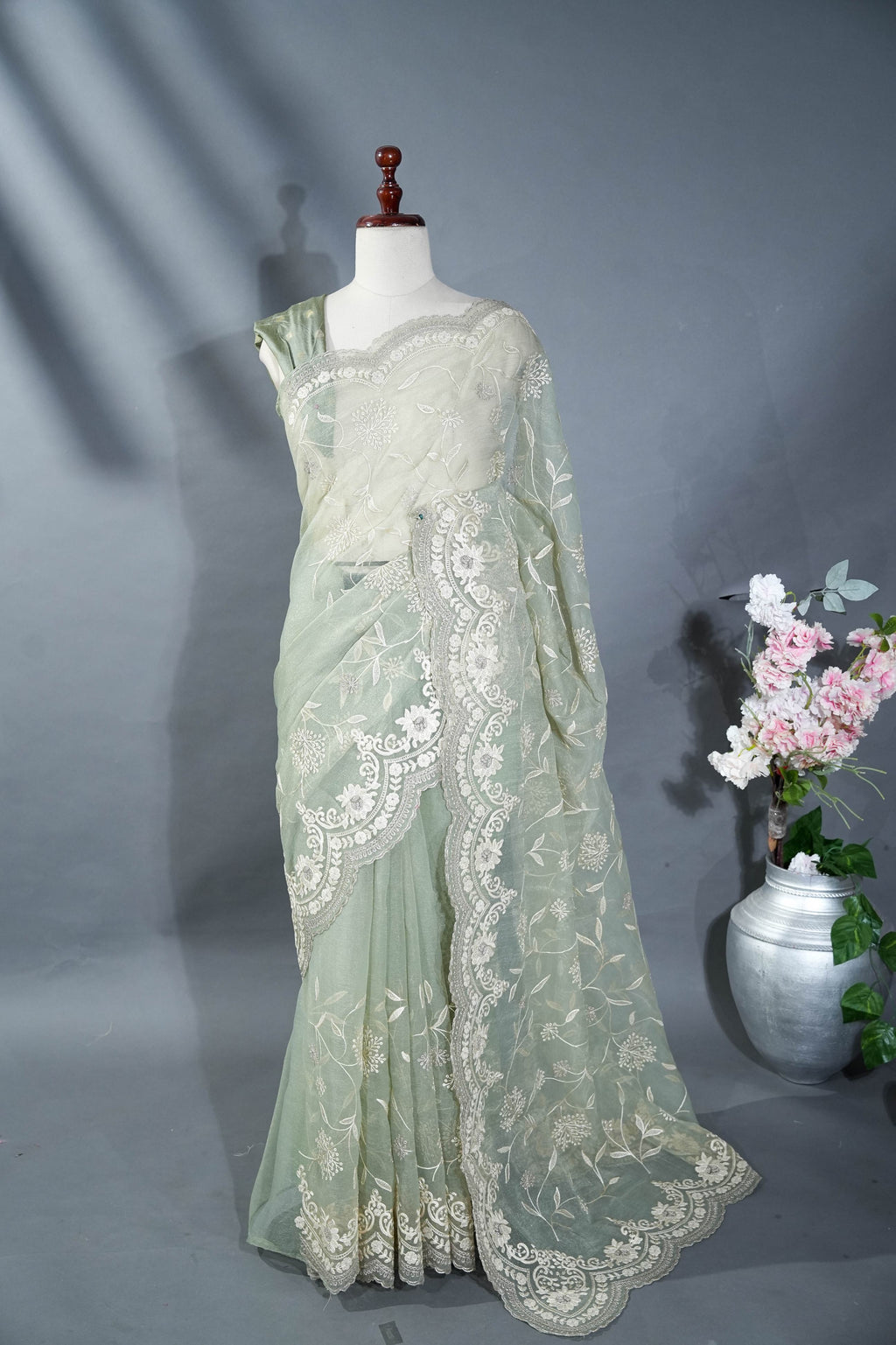 Off White Printed Embroidery Tussar Saree