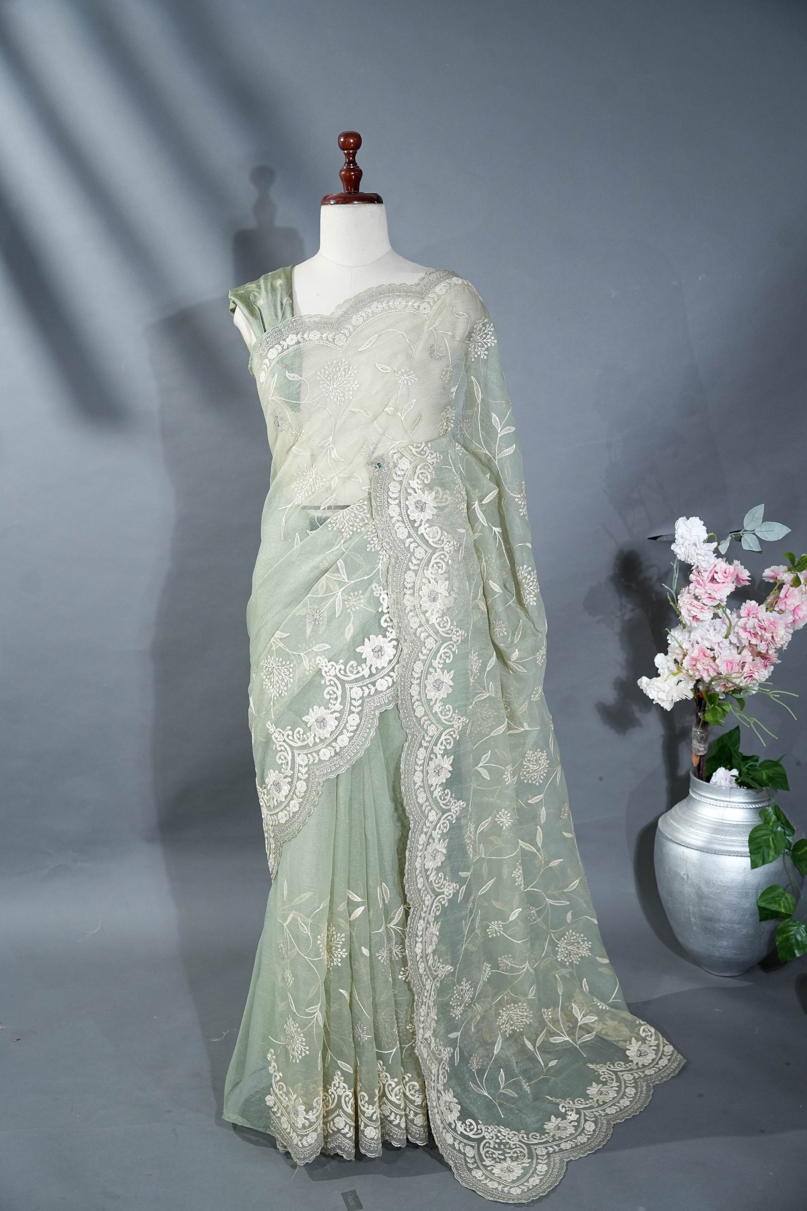 Off White Printed Embroidery Tussar Saree