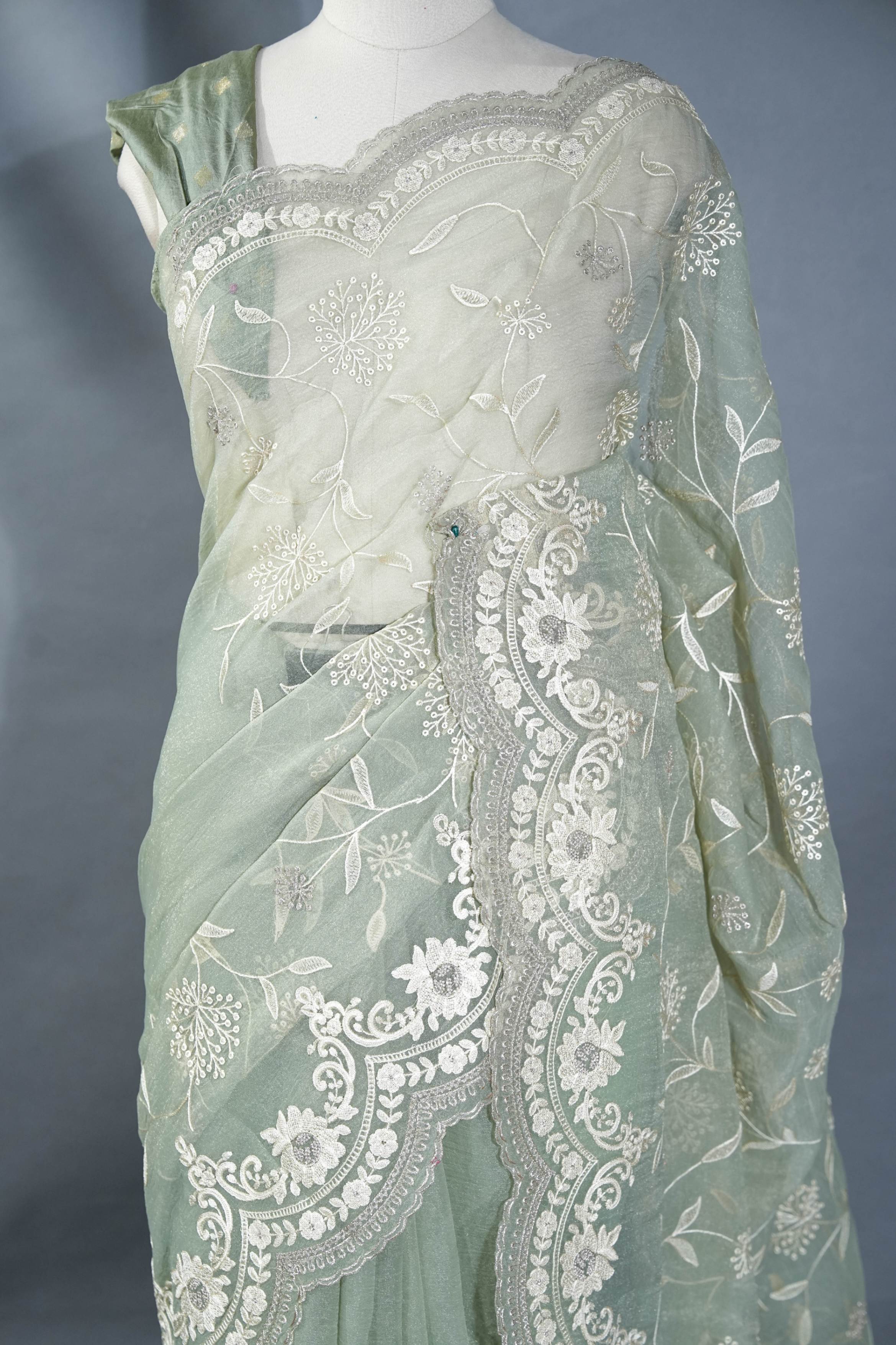 Off White Printed Embroidery Tussar Saree