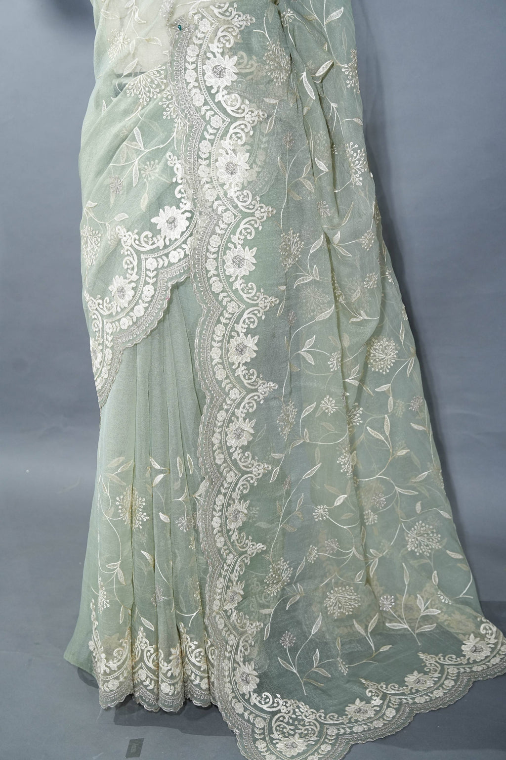 Off White Printed Embroidery Tussar Saree