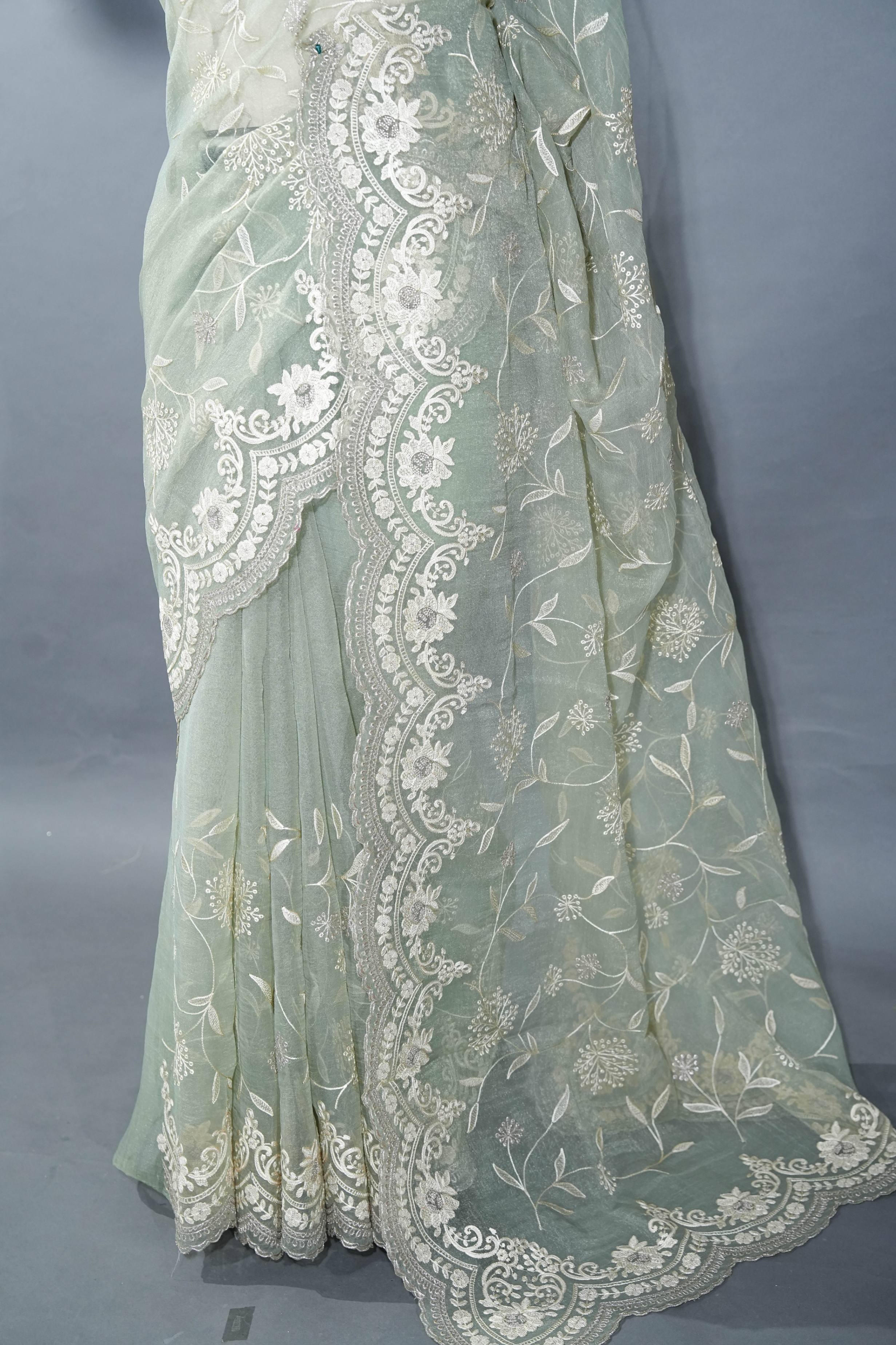 Off White Printed Embroidery Tussar Saree