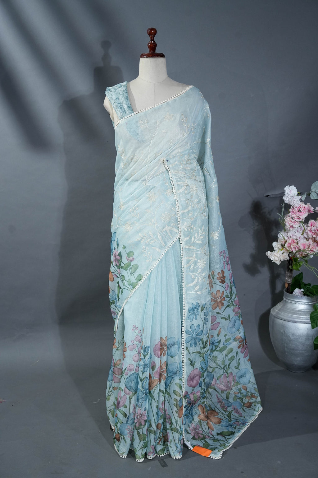 Grey Printed Embroidery Tissue Saree
