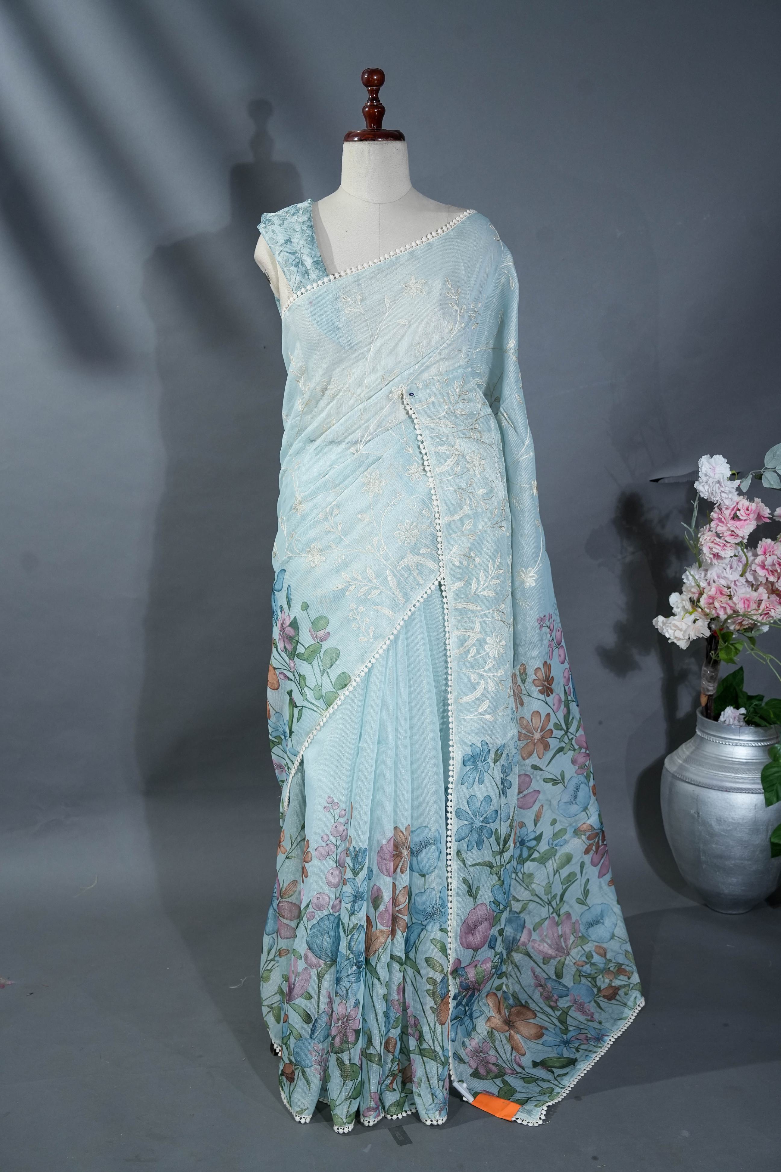 Grey Printed Embroidery Tissue Saree