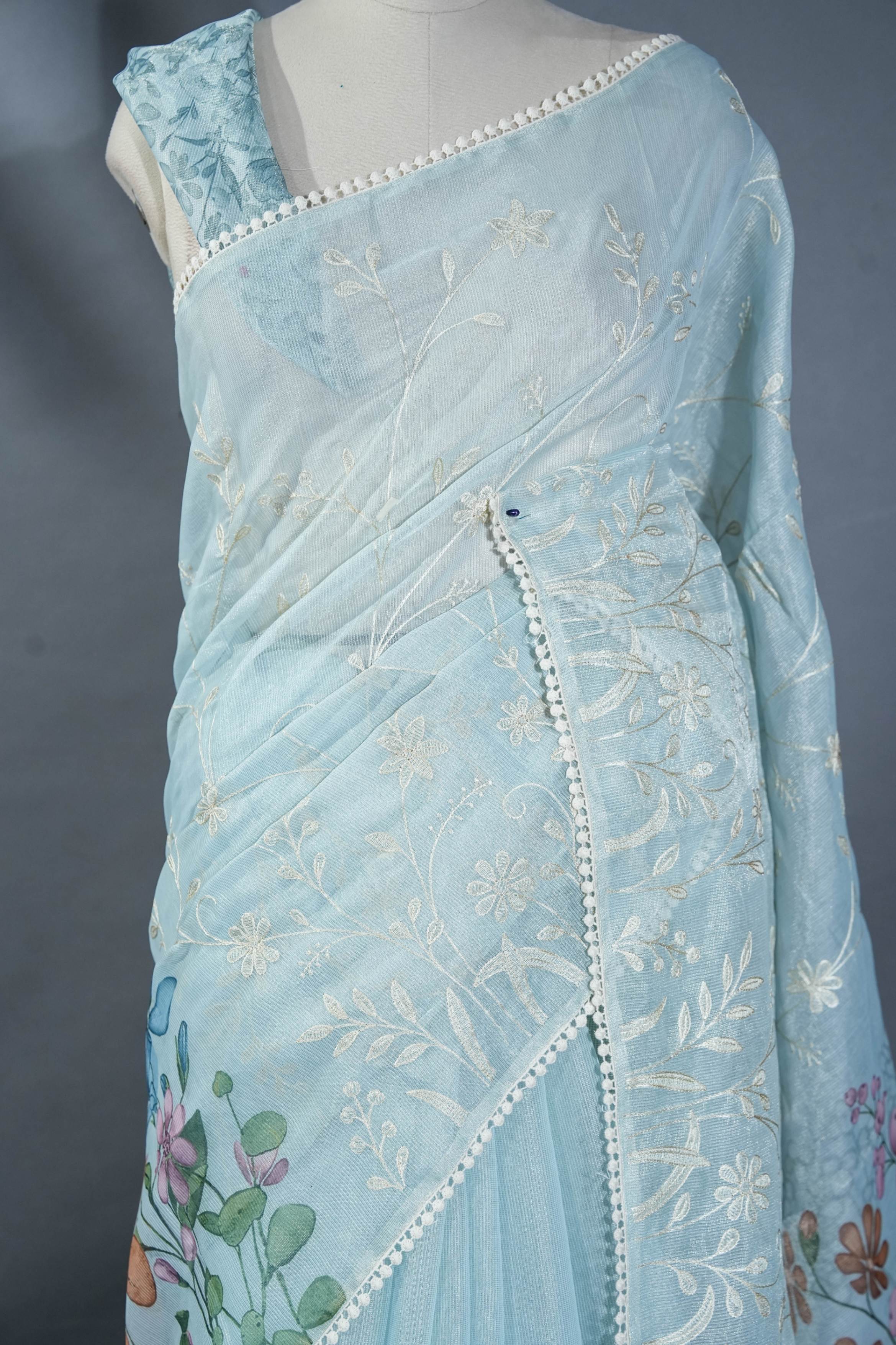 Grey Printed Embroidery Tissue Saree