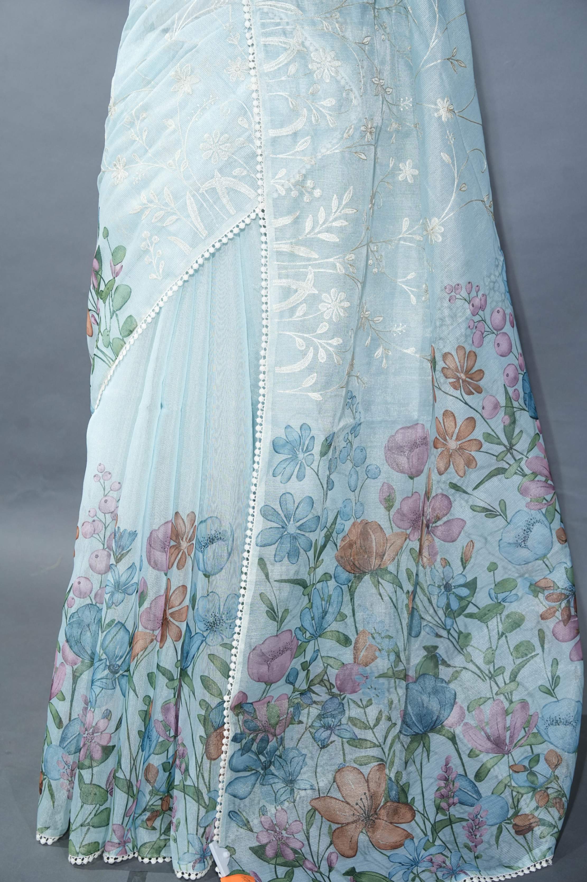 Grey Printed Embroidery Tissue Saree