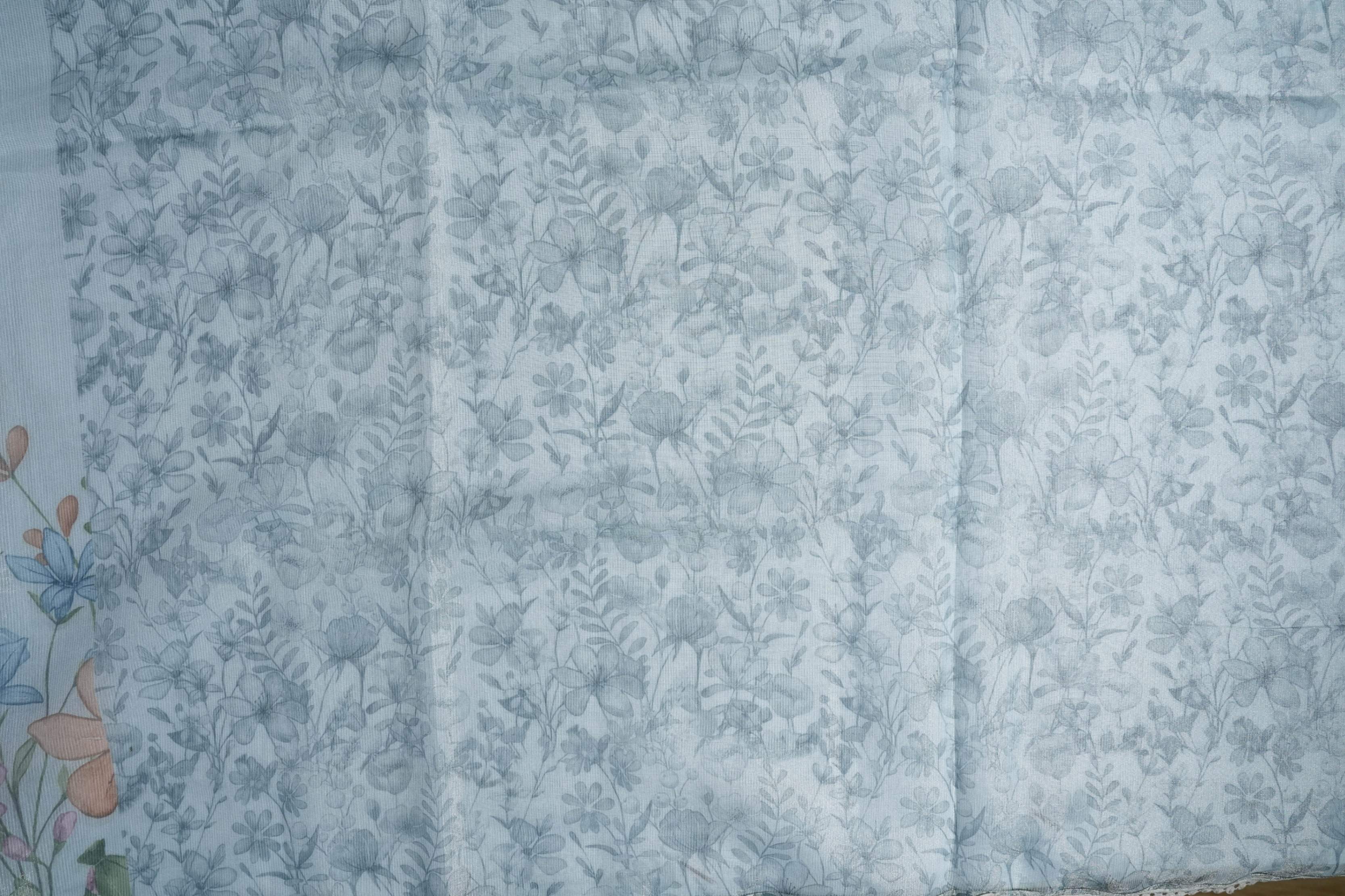 Grey Printed Embroidery Tissue Saree