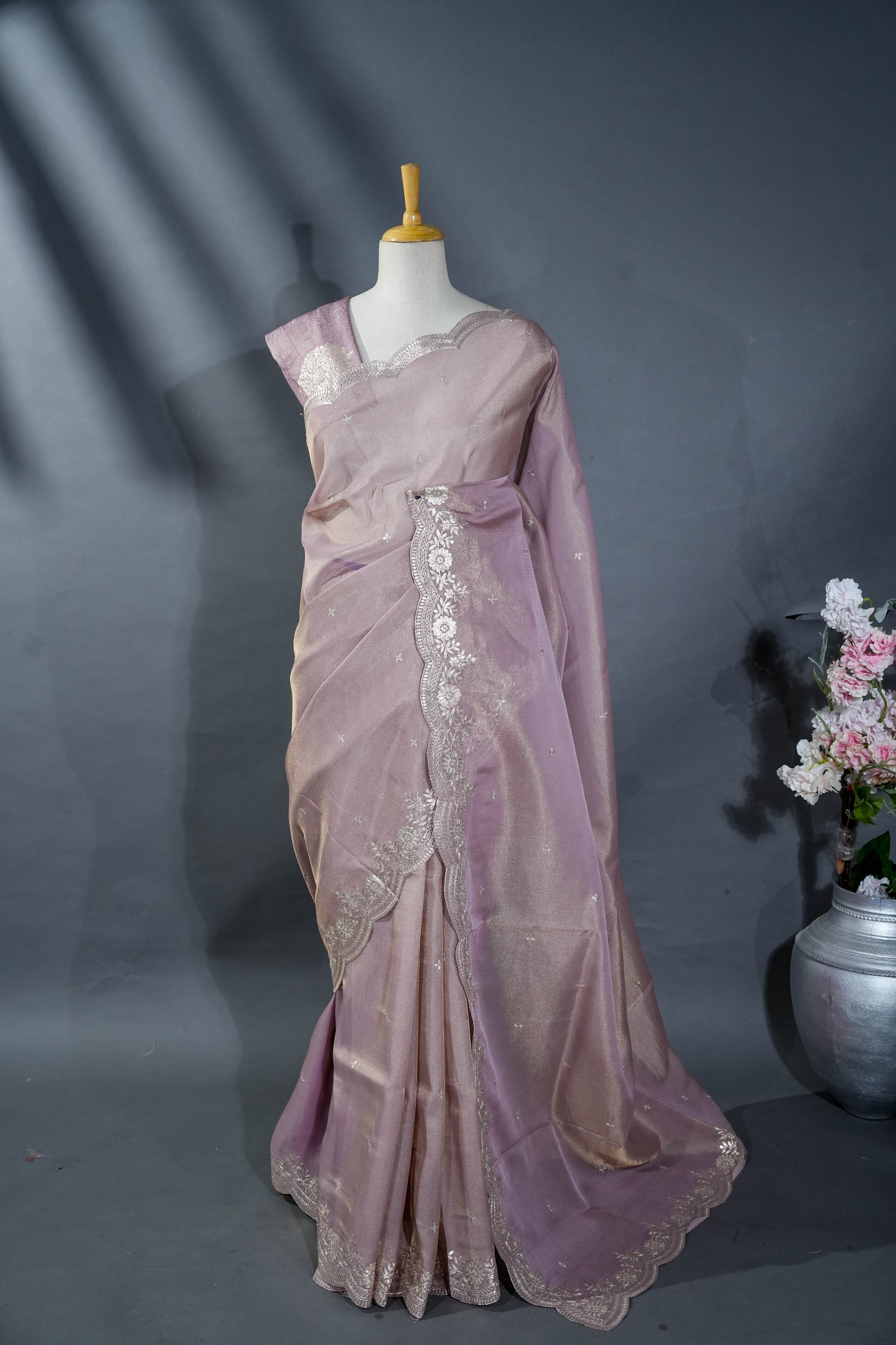 Pink Embroidery Tissue Saree