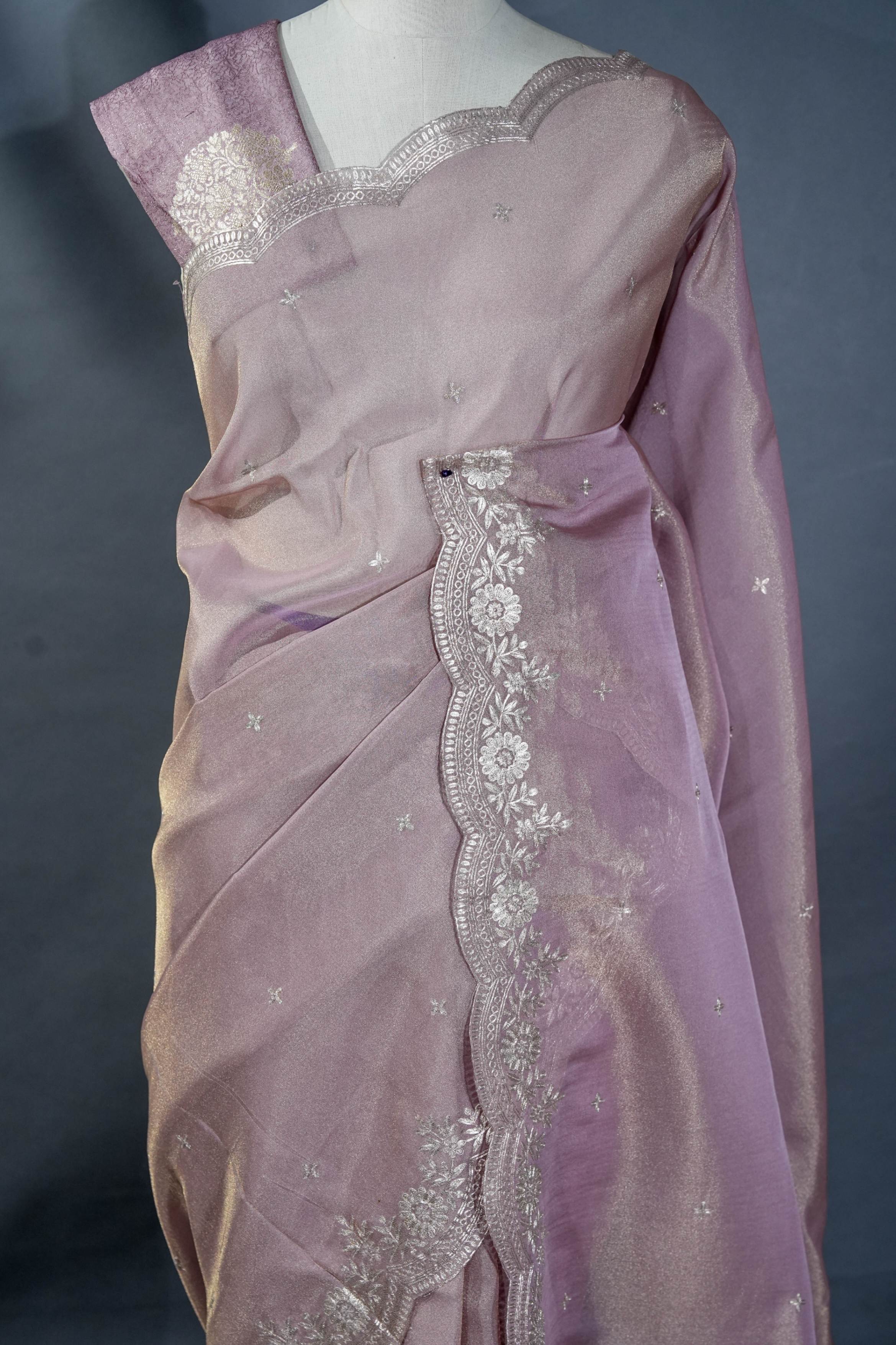 Pink Embroidery Tissue Saree