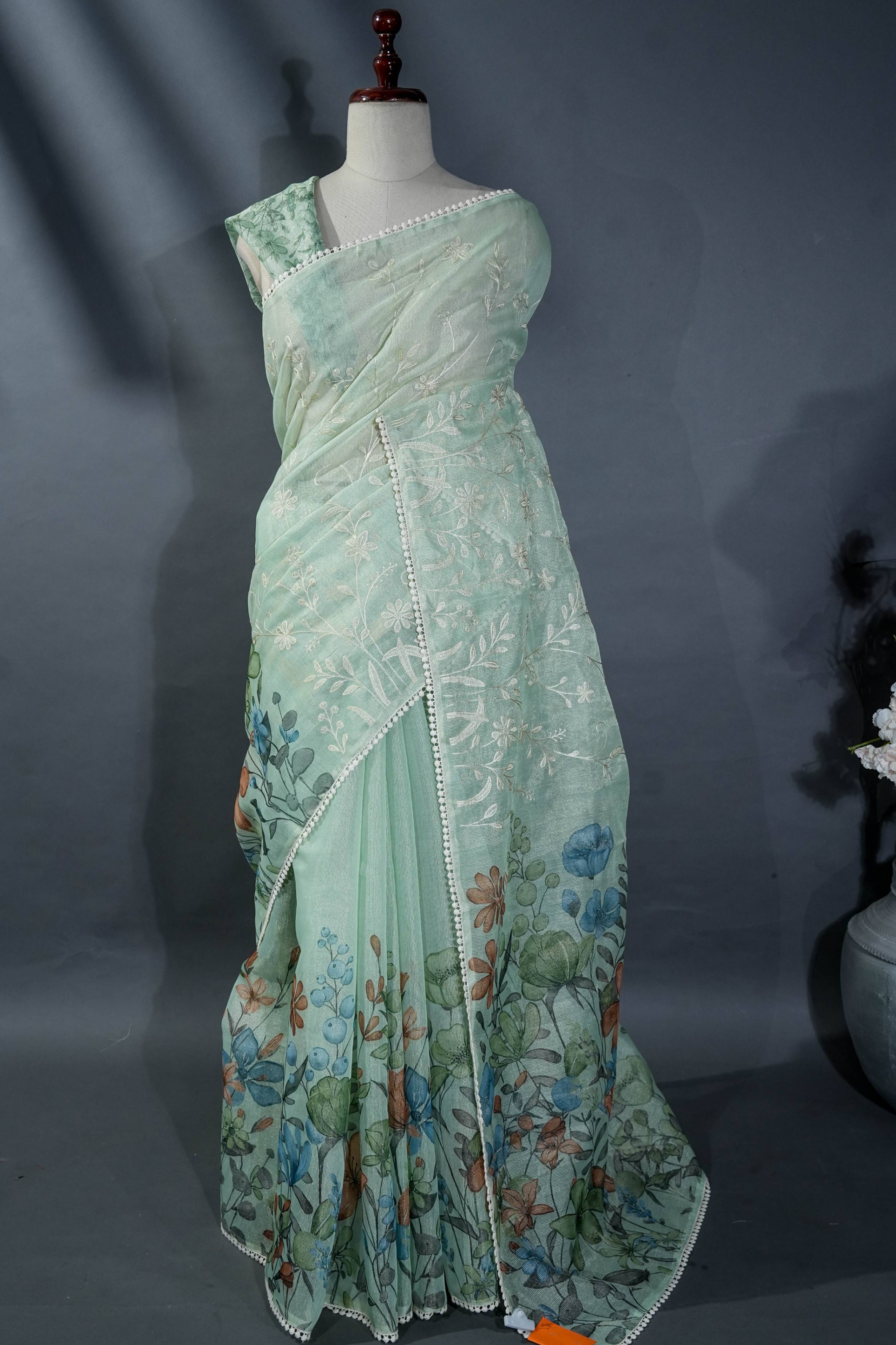 Pastel Printed Embroidery Tissue Saree