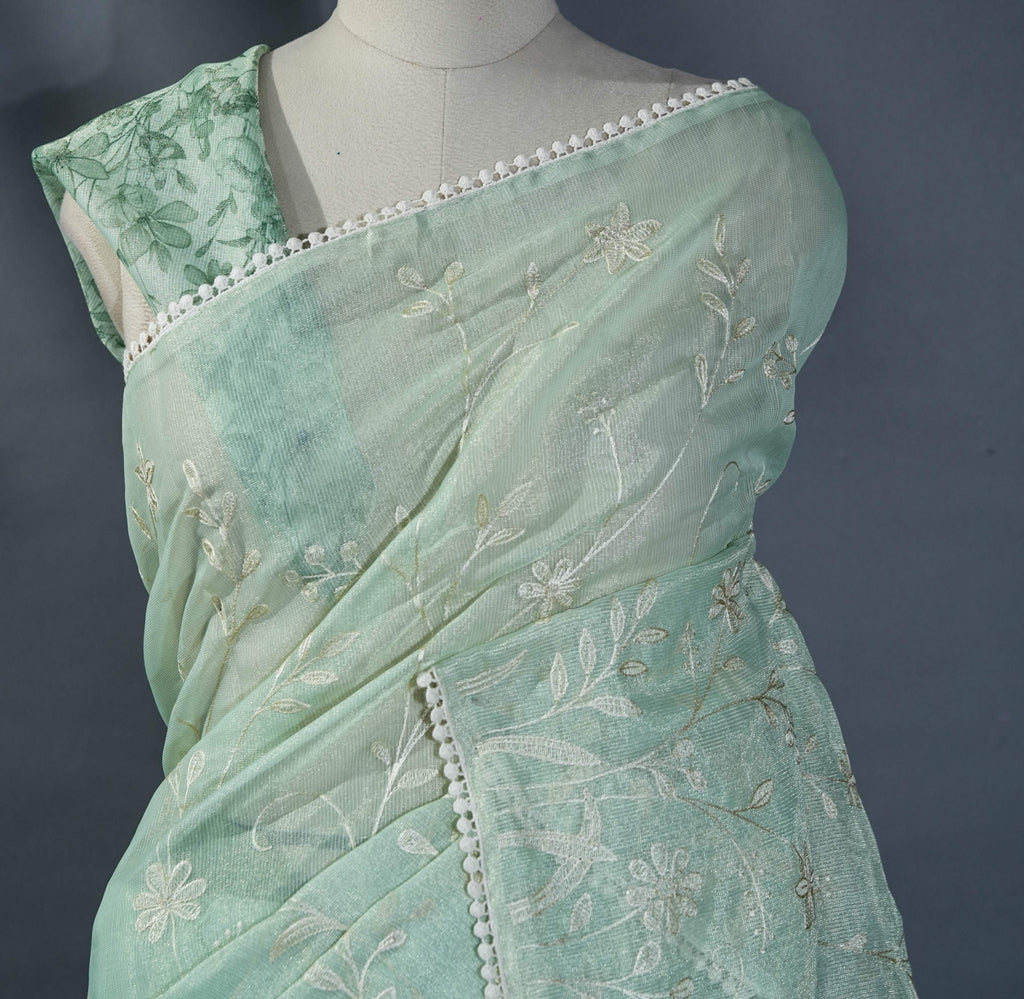 Pastel Printed Embroidery Tissue Saree