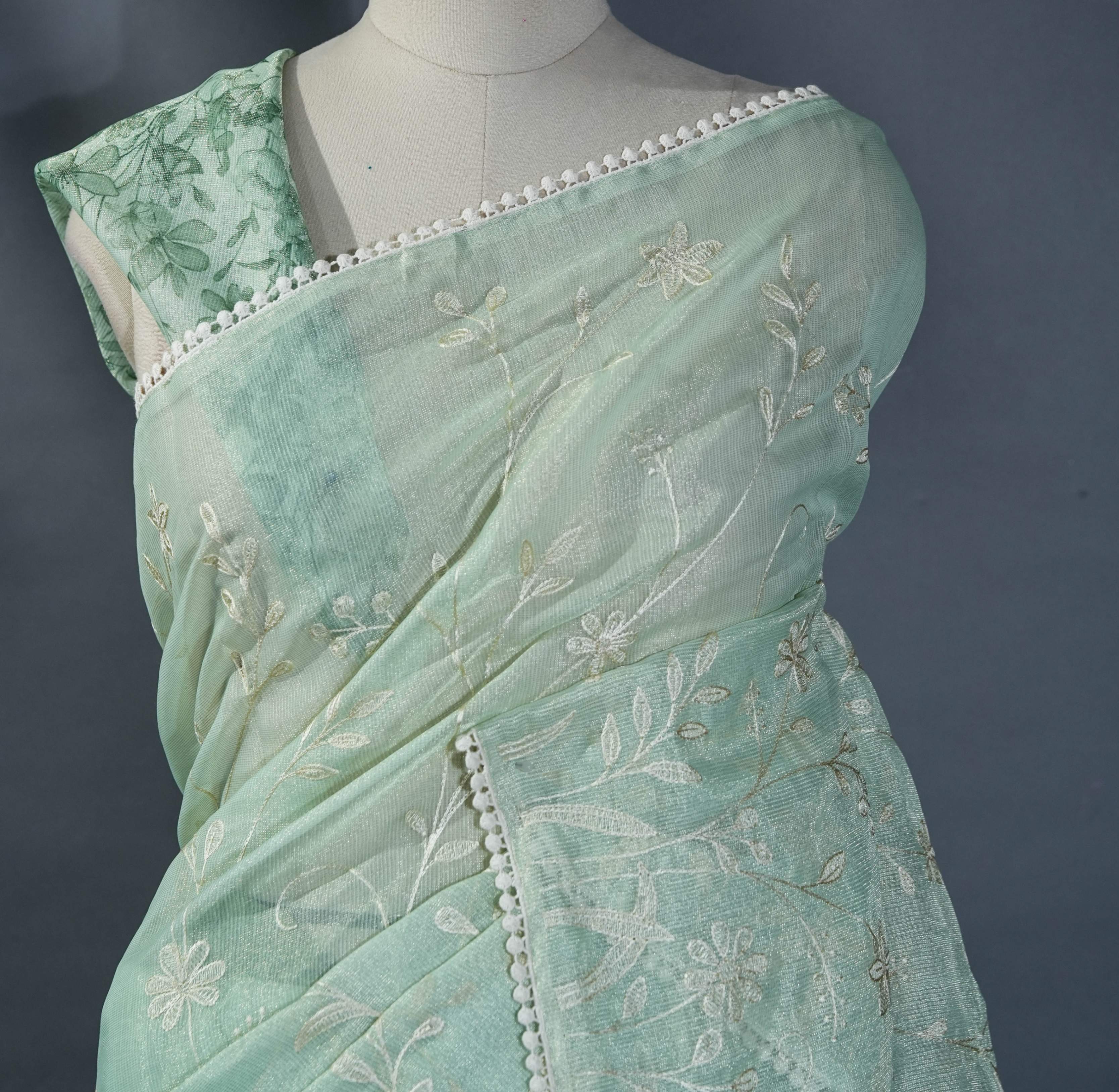 Pastel Printed Embroidery Tissue Saree