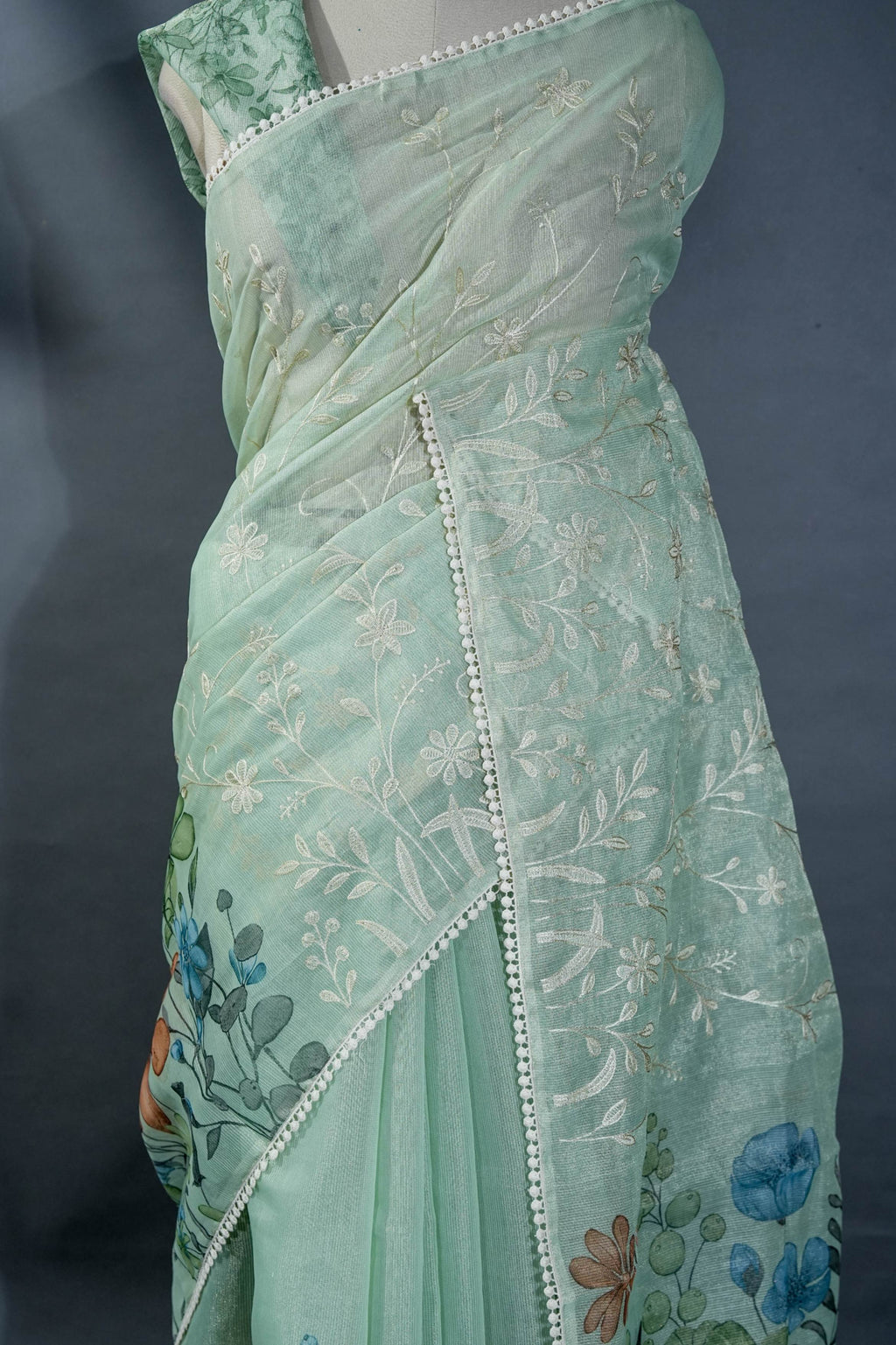 Pastel Printed Embroidery Tissue Saree