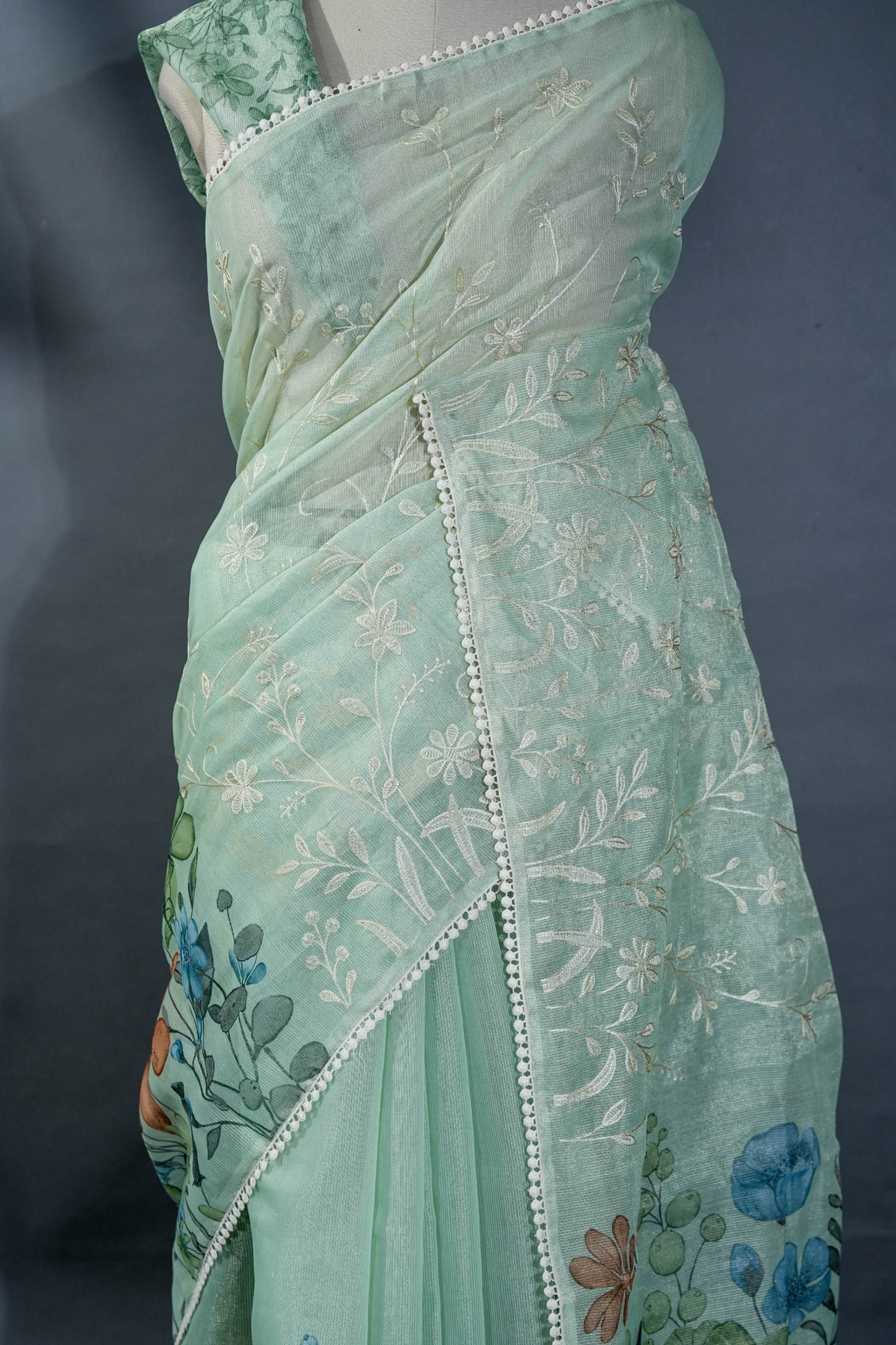 Pastel Printed Embroidery Tissue Saree