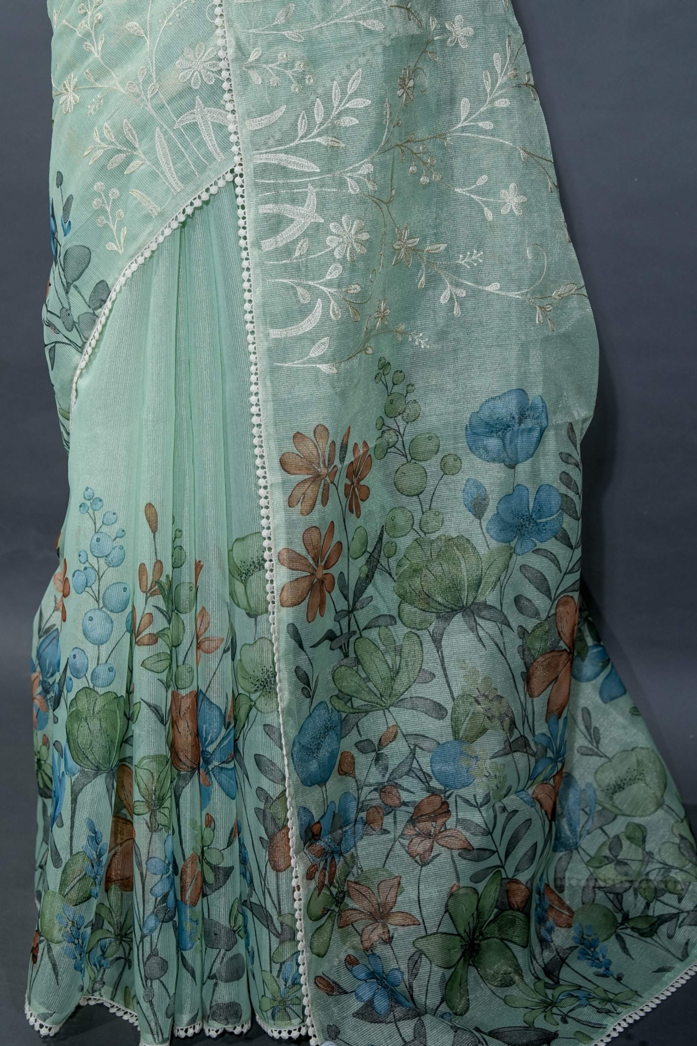 Pastel Printed Embroidery Tissue Saree